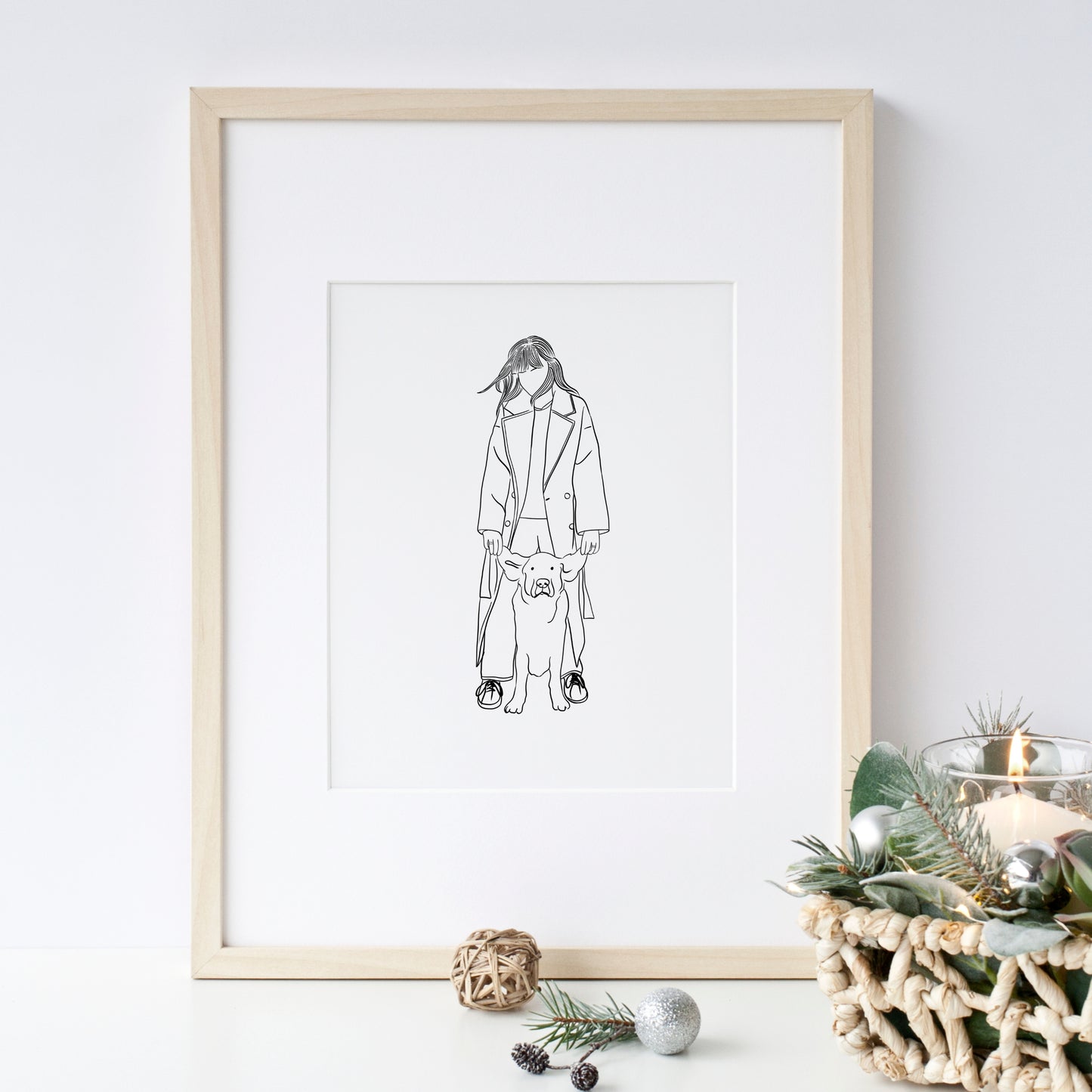 Custom minimalist dog portrait with family, personalized pet illustration Christmas gift for dog lovers