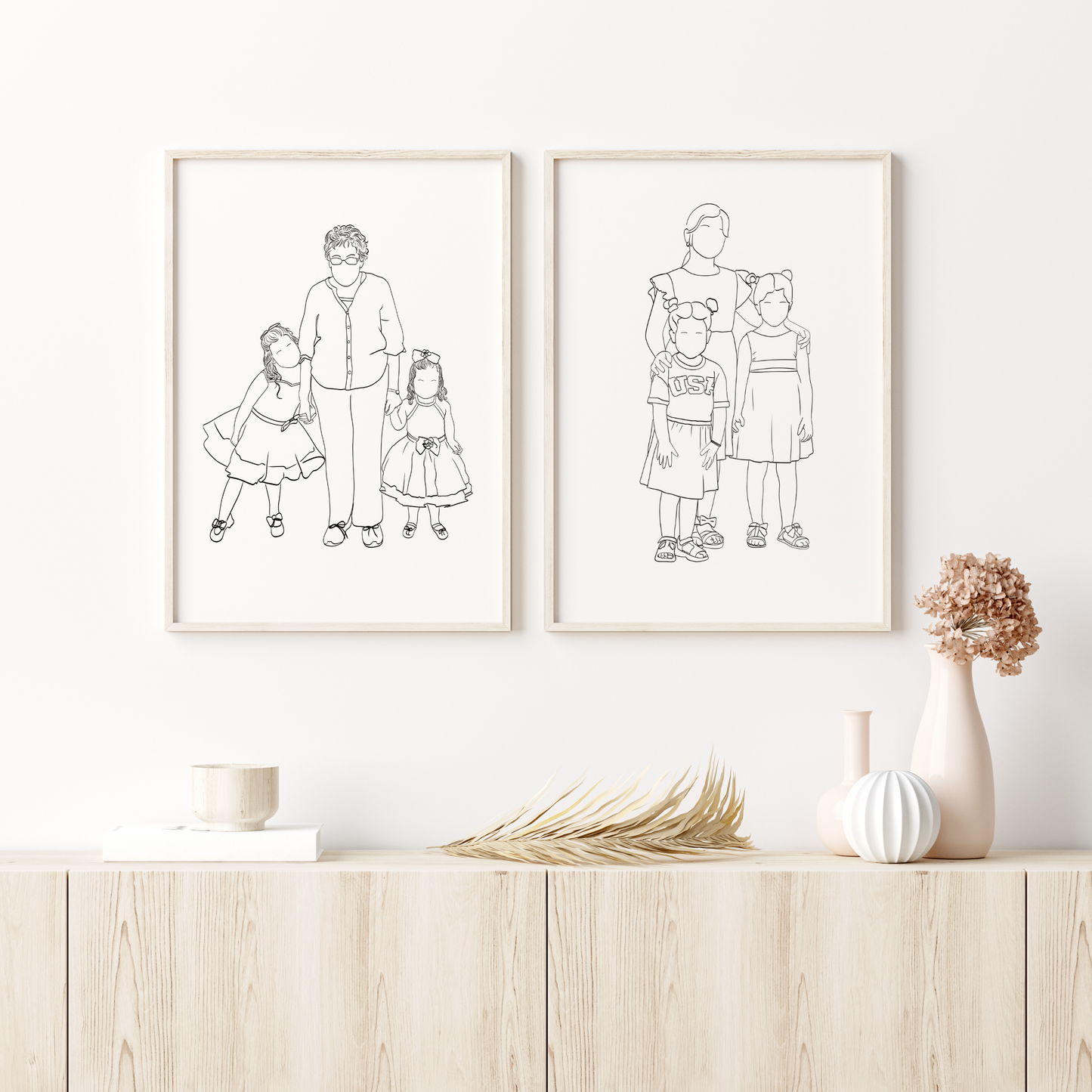 Personalized faceless couple and family portrait – minimalist illustrated wall art for anniversaries, weddings, and Christmas gifts.