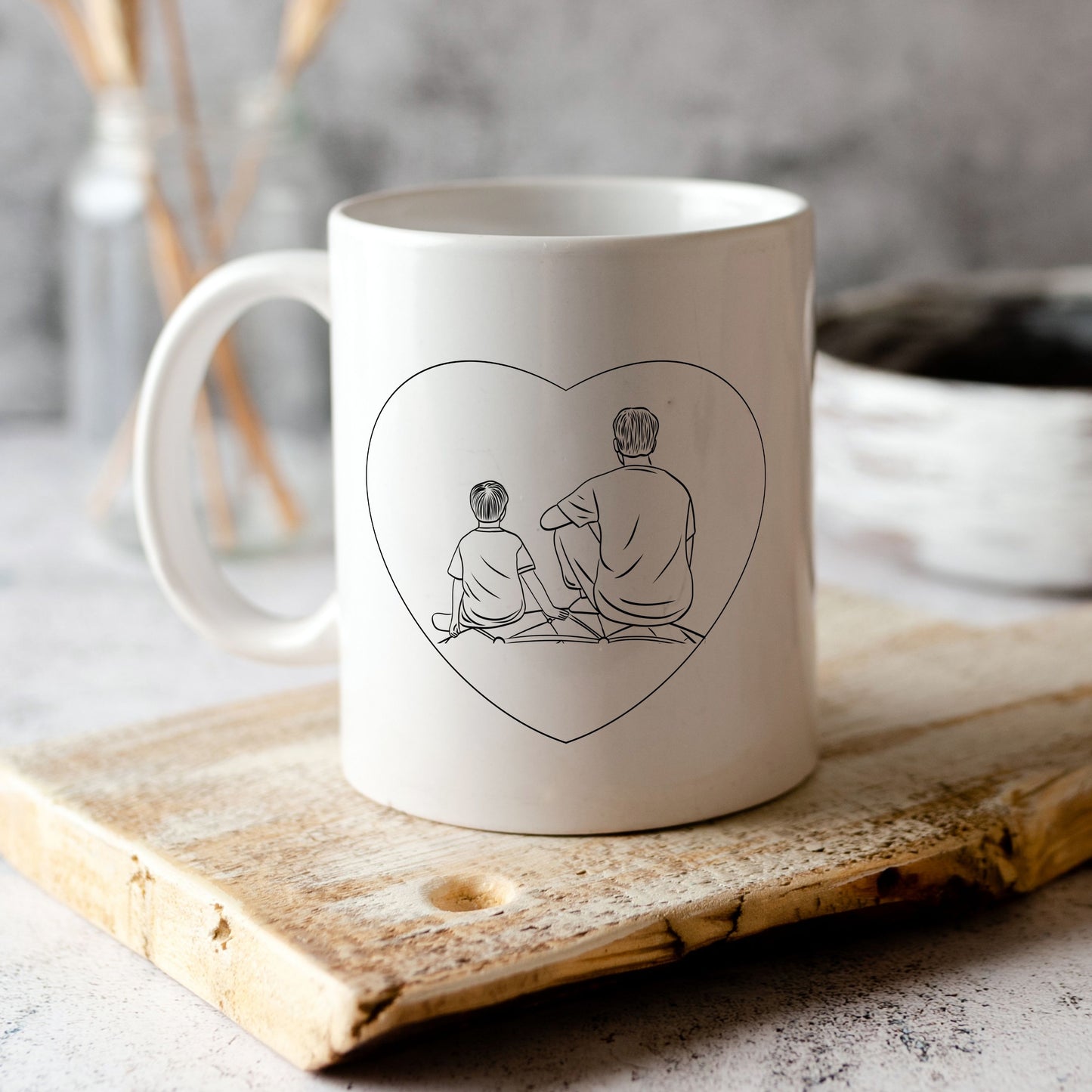 Custom family portrait mug in line art style, white ceramic cup for holiday gift.