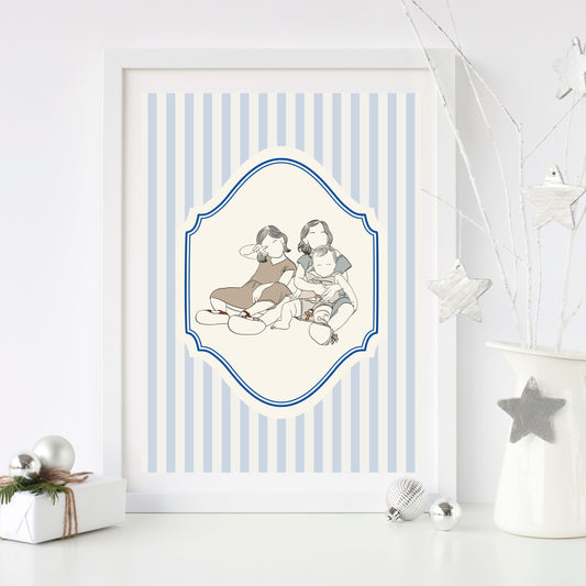 Personalized Christmas portrait art for families, minimalist holiday wall decor.
