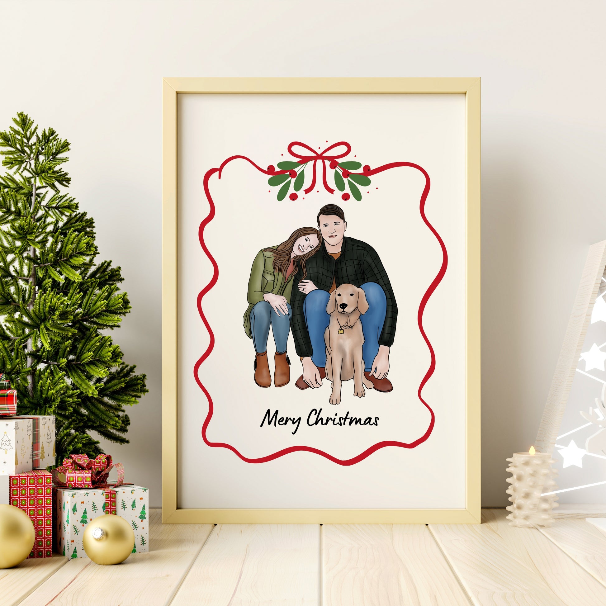 Personalized full color Christmas portrait of a couple with their dog, custom digital illustration for pet lovers. Printable 8x10 holiday art that can be used as wall decor or a Christmas card. Perfect gift for couples, dog owners, and families who want a meaningful and festive keepsake.