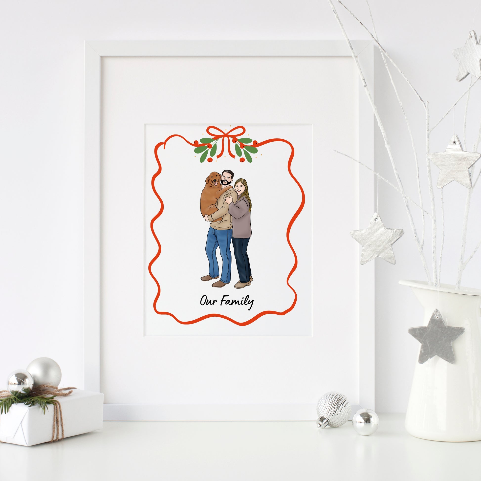 Personalized full color Christmas portrait of a couple with their dog, custom digital illustration for pet lovers. Printable 8x10 holiday art that can be used as wall decor or a Christmas card. Perfect gift for couples, dog owners, and families who want a meaningful and festive keepsake.