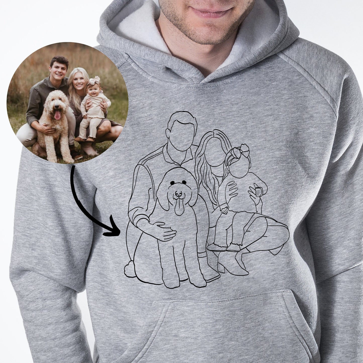 Custom faceless portrait hoodie, personalized Christmas gift sweatshirt for family or couple.
Personalized hoodie with family illustration, cozy holiday gift idea for mom or partner.