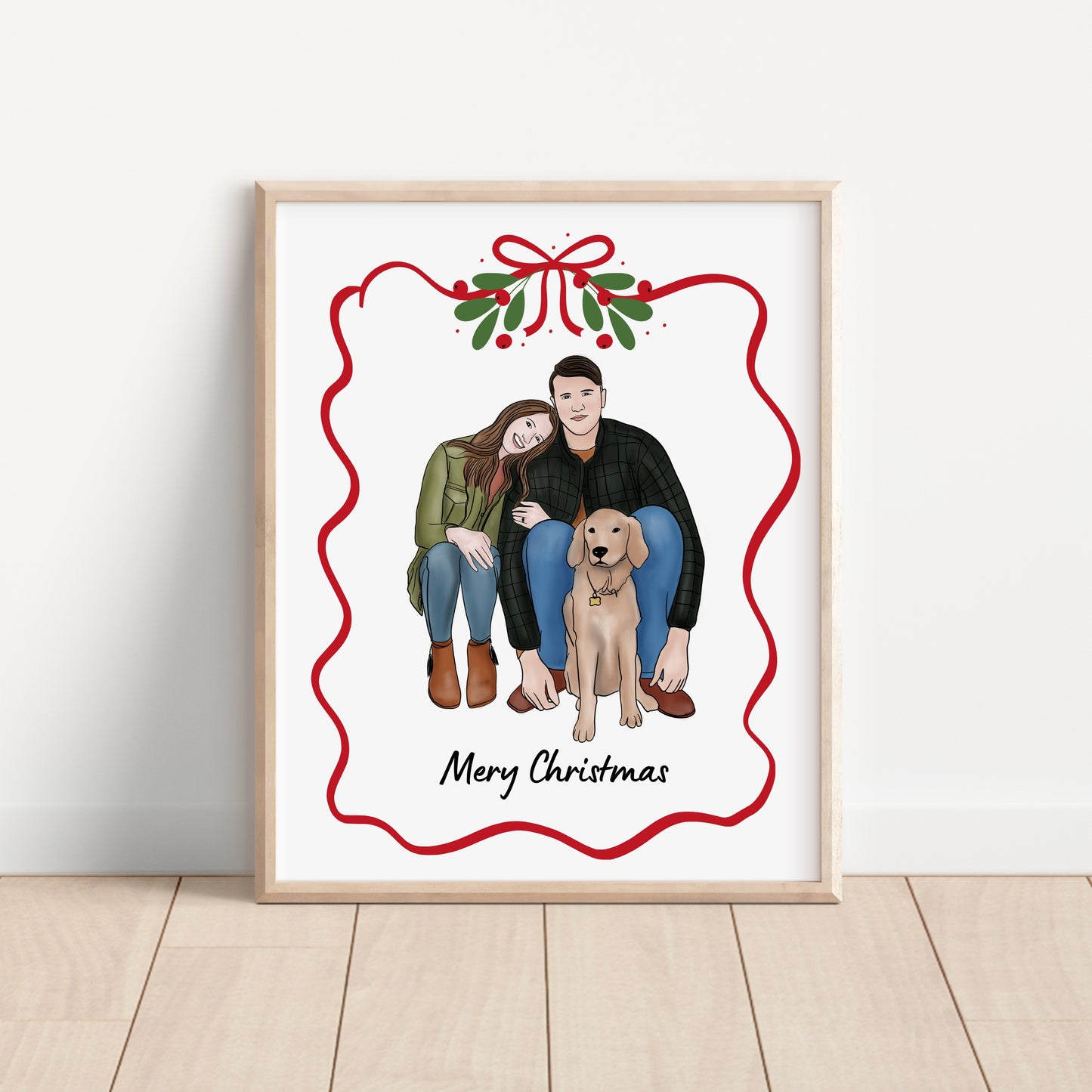 Personalized full color Christmas portrait of a couple with their dog, custom digital illustration for pet lovers. Printable 8x10 holiday art that can be used as wall decor or a Christmas card. Perfect gift for couples, dog owners, and families who want a meaningful and festive keepsake.