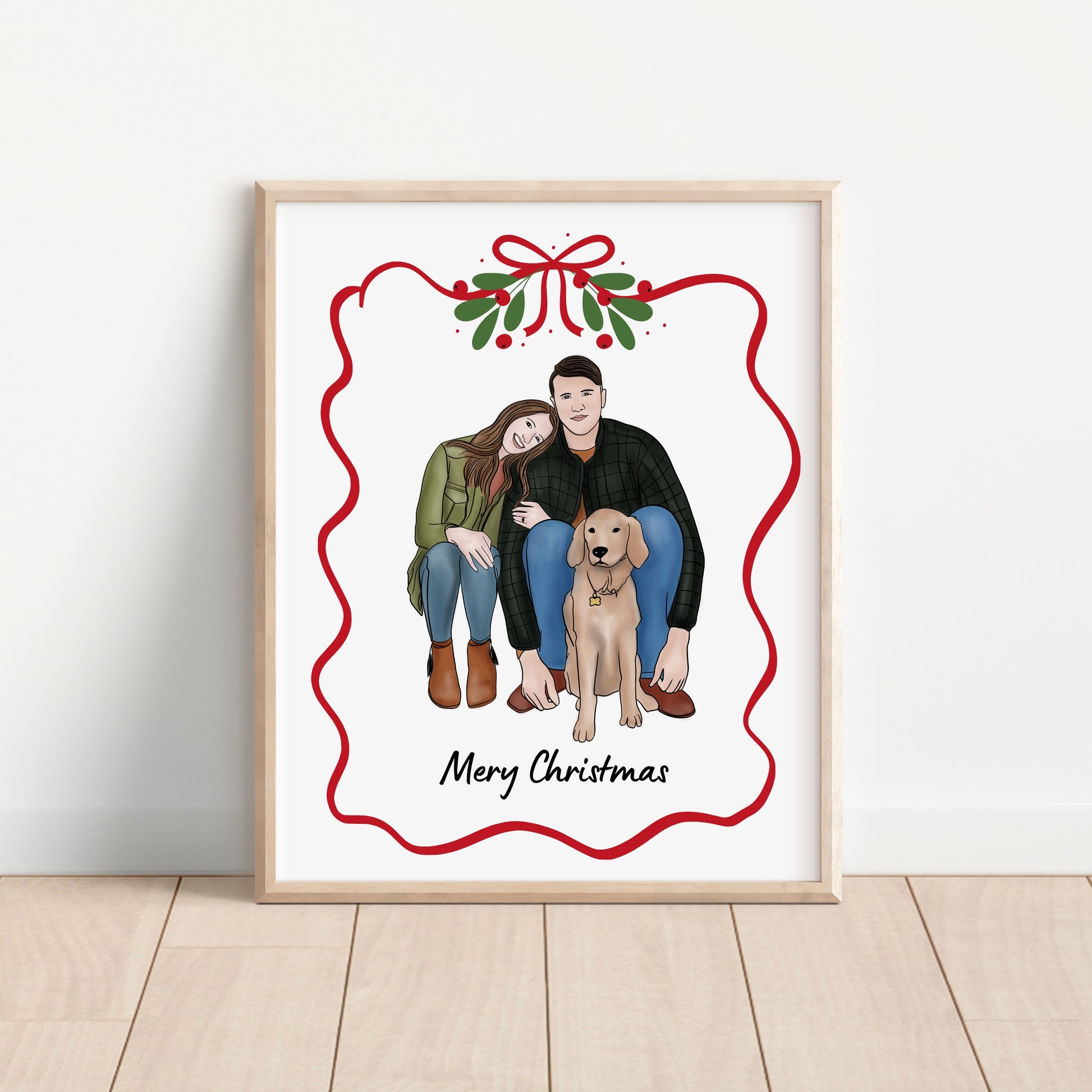 Personalized full color Christmas portrait of a couple with their dog, custom digital illustration for pet lovers. Printable 8x10 holiday art that can be used as wall decor or a Christmas card. Perfect gift for couples, dog owners, and families who want a meaningful and festive keepsake.