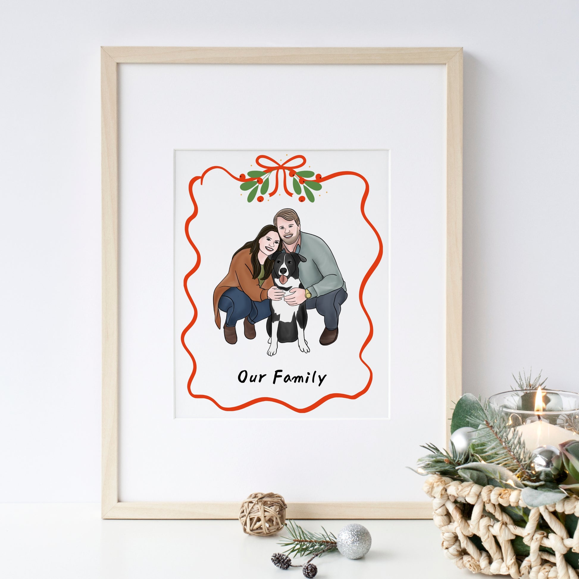 Personalized full color Christmas portrait of a couple with their dog, custom digital illustration for pet lovers. Printable 8x10 holiday art that can be used as wall decor or a Christmas card. Perfect gift for couples, dog owners, and families who want a meaningful and festive keepsake.