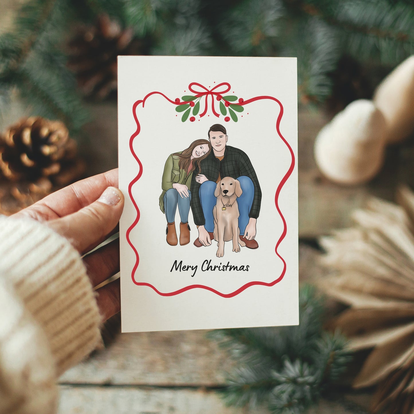 Personalized full color Christmas portrait of a couple with their dog, custom digital illustration for pet lovers. Printable 8x10 holiday art that can be used as wall decor or a Christmas card. Perfect gift for couples, dog owners, and families who want a meaningful and festive keepsake.