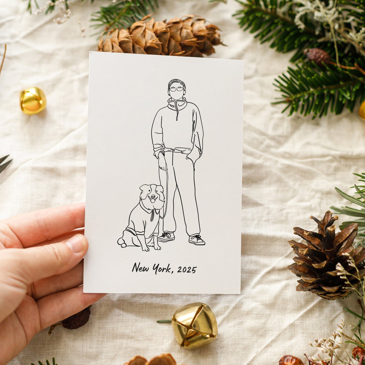 Custom minimalist dog portrait with family, personalized pet illustration Christmas gift for dog lovers