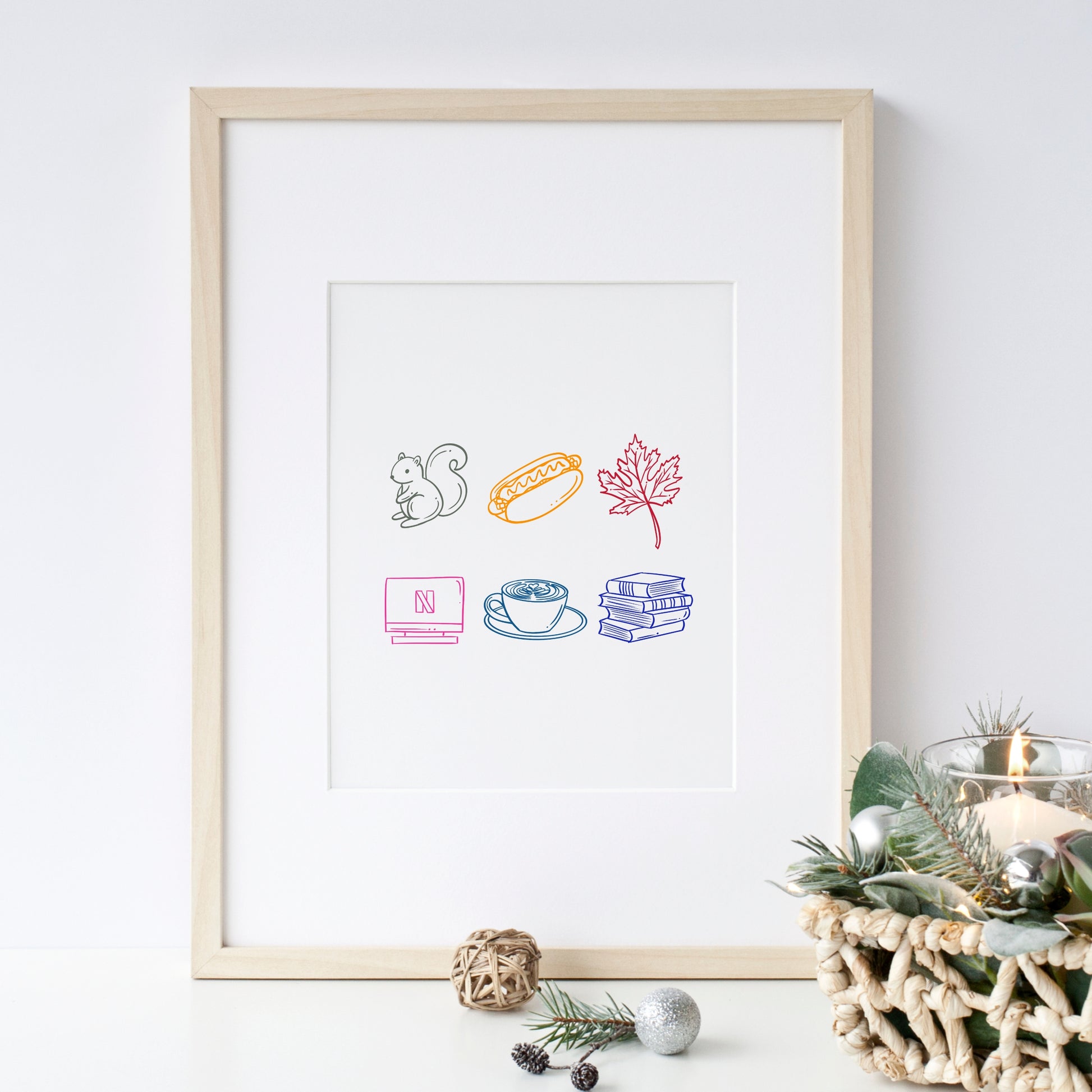 My Favorite Things custom print - personalized hand-drawn line art illustration of 3, 6, or 9 favorite objects, available in black and white or with color accents