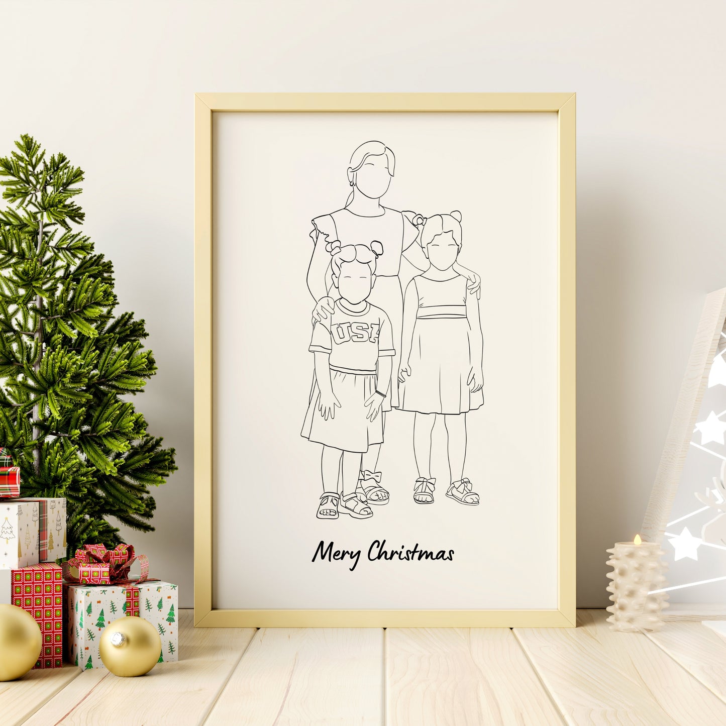 Custom digital family portrait from photo – faceless line art of grandchildren, perfect Christmas or birthday gift for grandparents. Minimalist illustration of grandkids in line art style, personalized digital portrait for grandma or grandpa.
