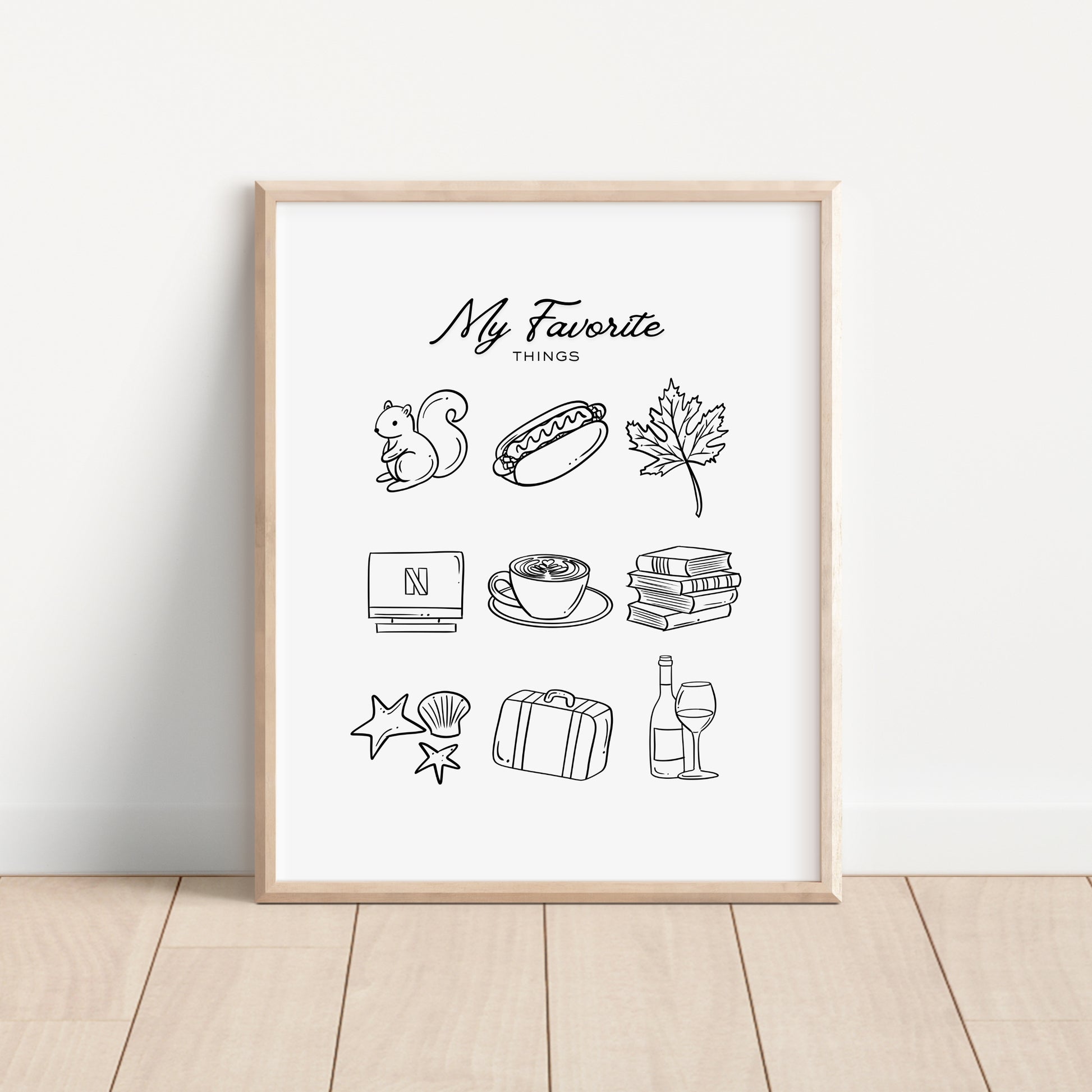 My Favorite Things custom print - personalized hand-drawn line art illustration of 3, 6, or 9 favorite objects, available in black and white or with color accents