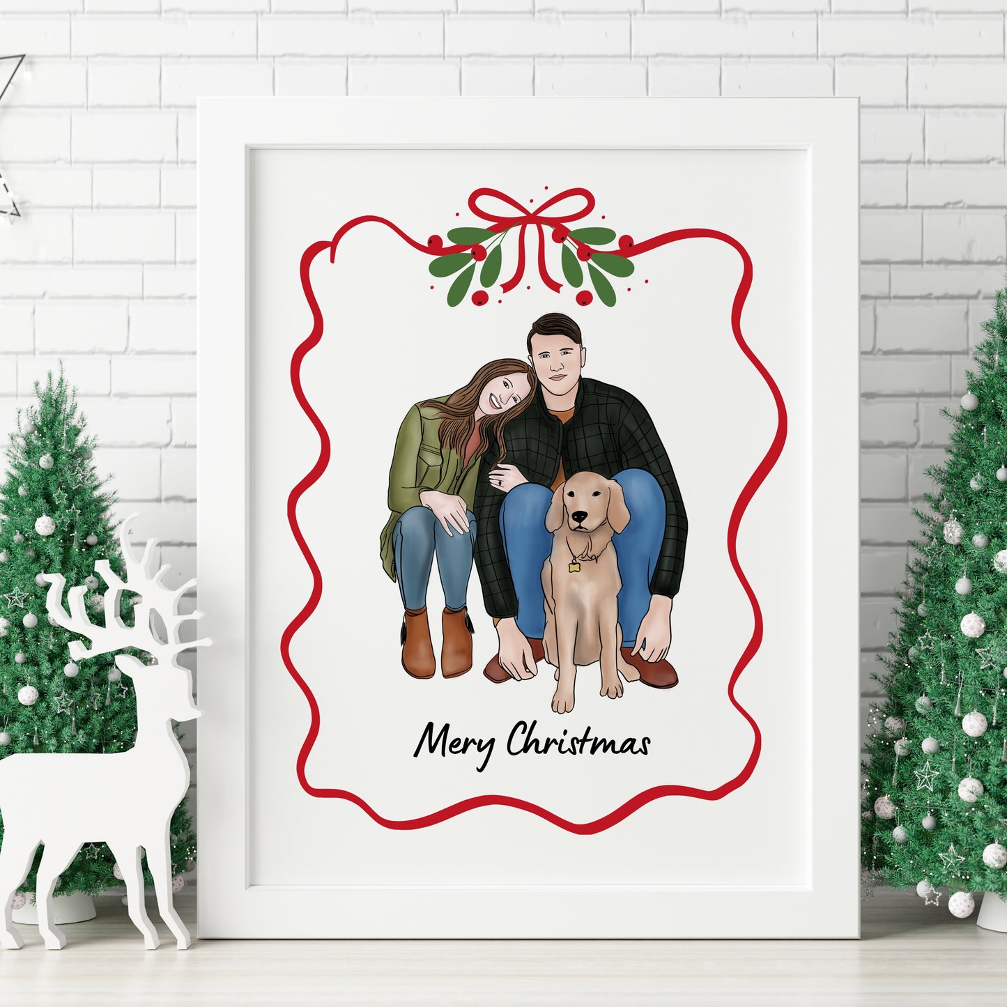 Personalized full color Christmas portrait of a couple with their dog, custom digital illustration for pet lovers. Printable 8x10 holiday art that can be used as wall decor or a Christmas card. Perfect gift for couples, dog owners, and families who want a meaningful and festive keepsake.