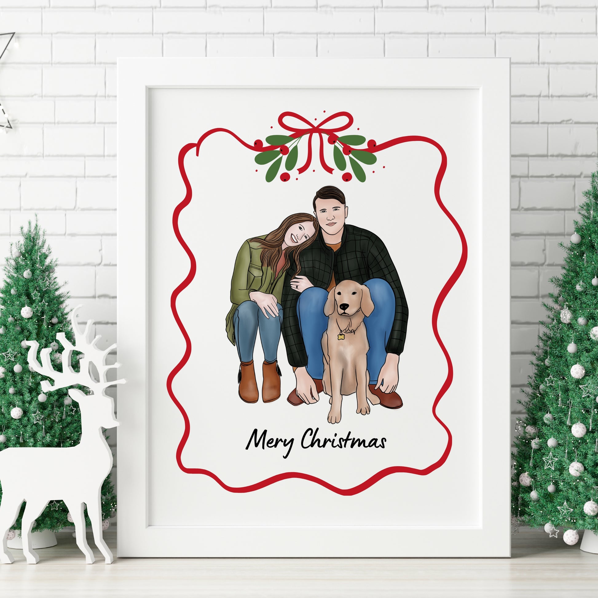 Personalized full color Christmas portrait of a couple with their dog, custom digital illustration for pet lovers. Printable 8x10 holiday art that can be used as wall decor or a Christmas card. Perfect gift for couples, dog owners, and families who want a meaningful and festive keepsake.