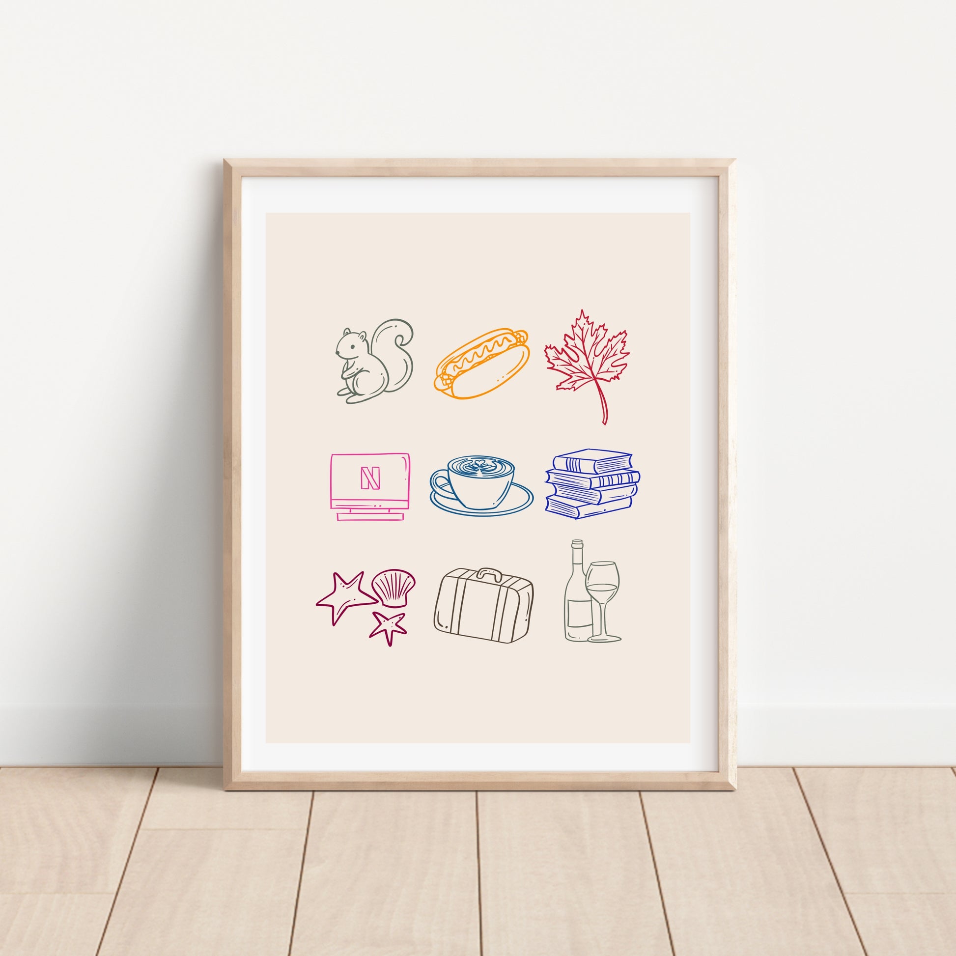 My Favorite Things custom print - personalized hand-drawn line art illustration of 3, 6, or 9 favorite objects, available in black and white or with color accents