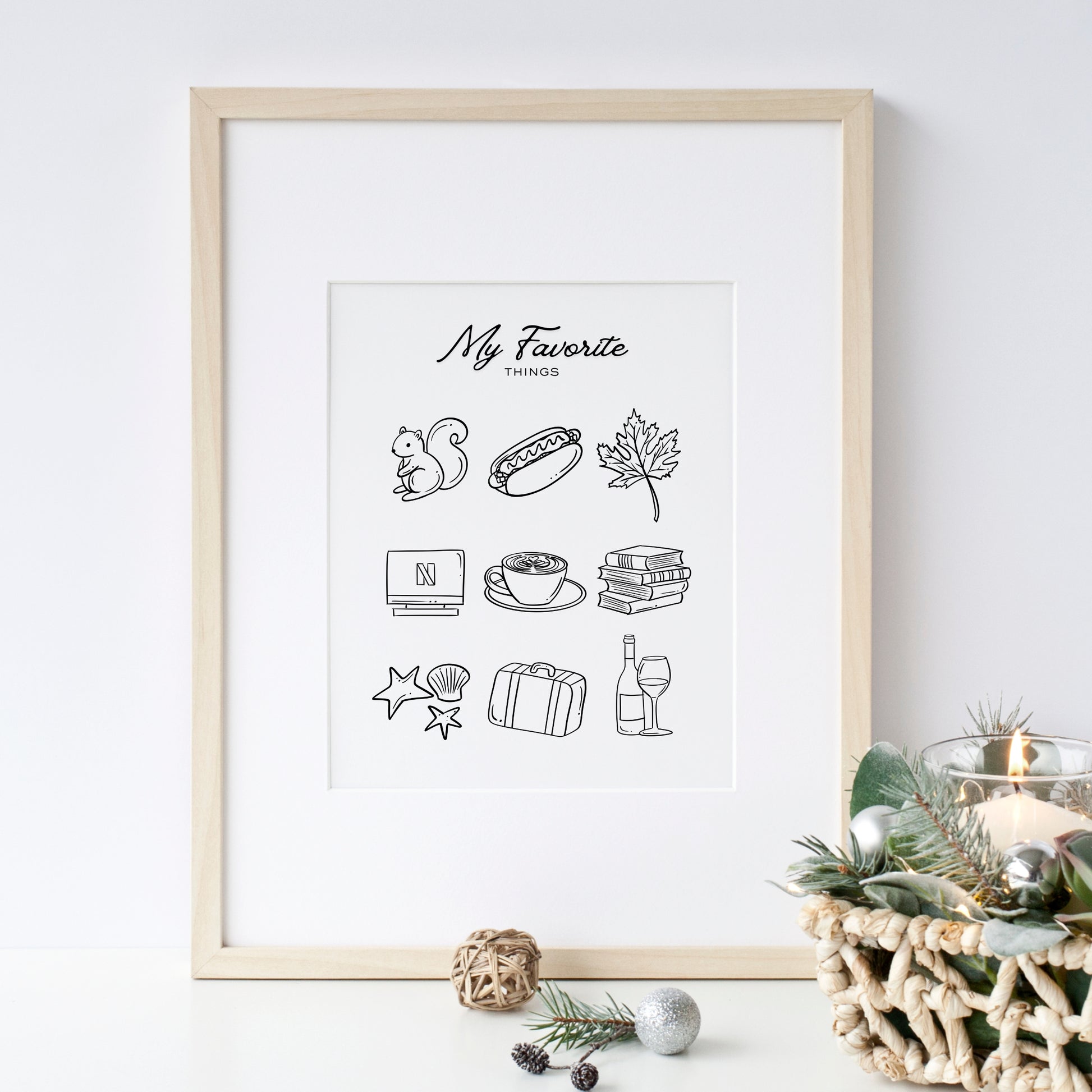 My Favorite Things custom print - personalized hand-drawn line art illustration of 3, 6, or 9 favorite objects, available in black and white or with color accents