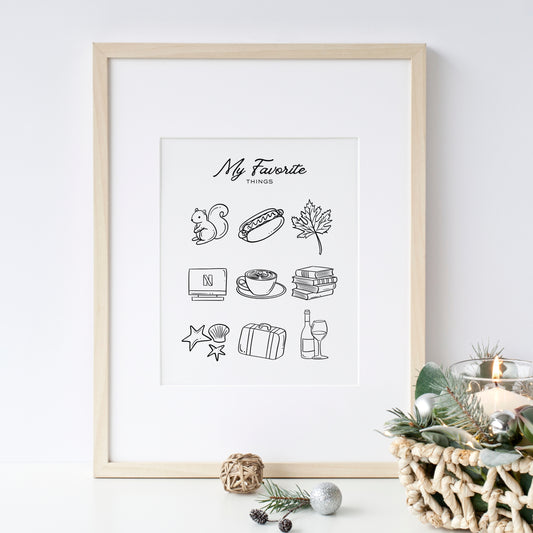 My Favorite Things custom print - personalized hand-drawn line art illustration of 3, 6, or 9 favorite objects, available in black and white or with color accents