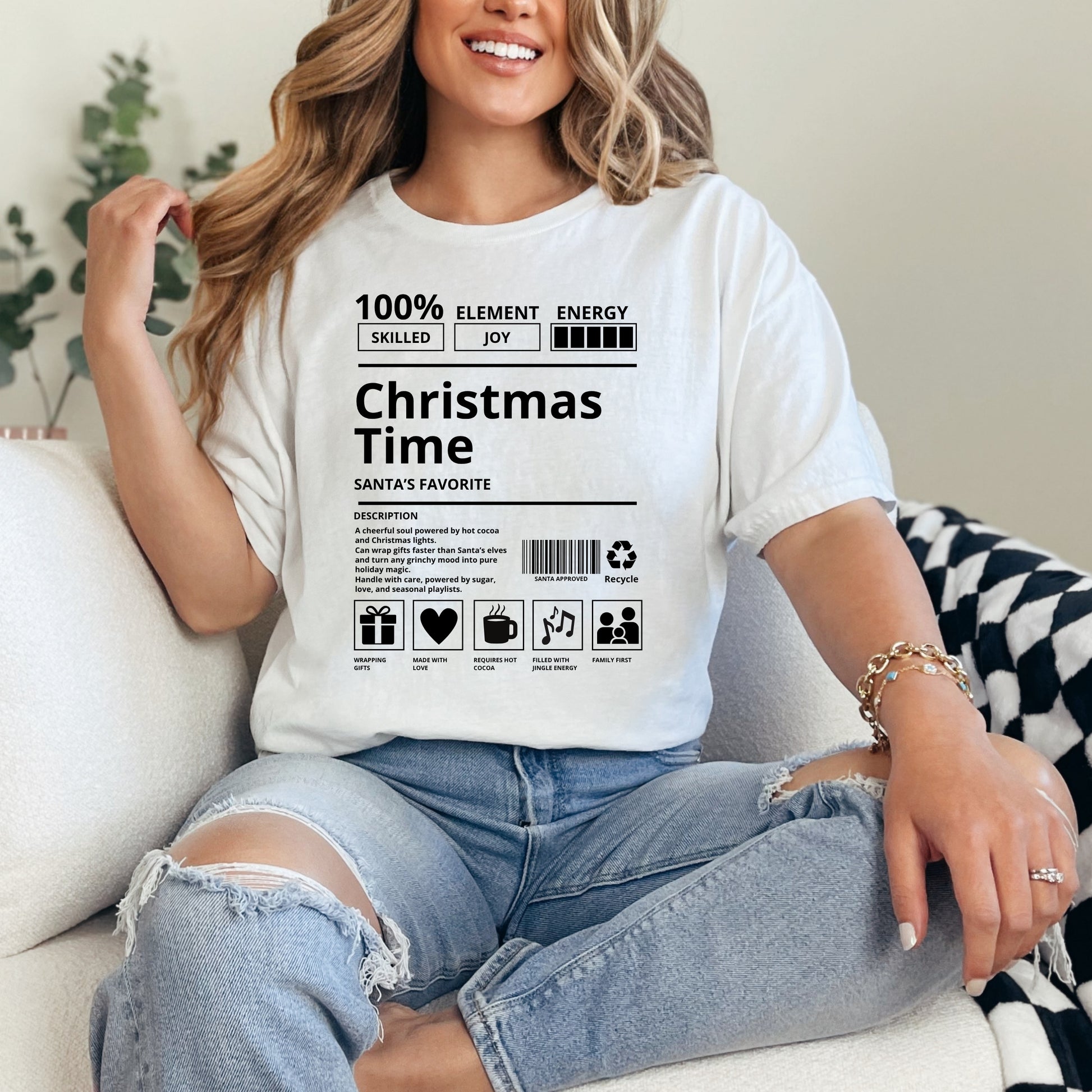 Woman wearing Christmas Time Santa's Favorite unisex t-shirt in light color - front view