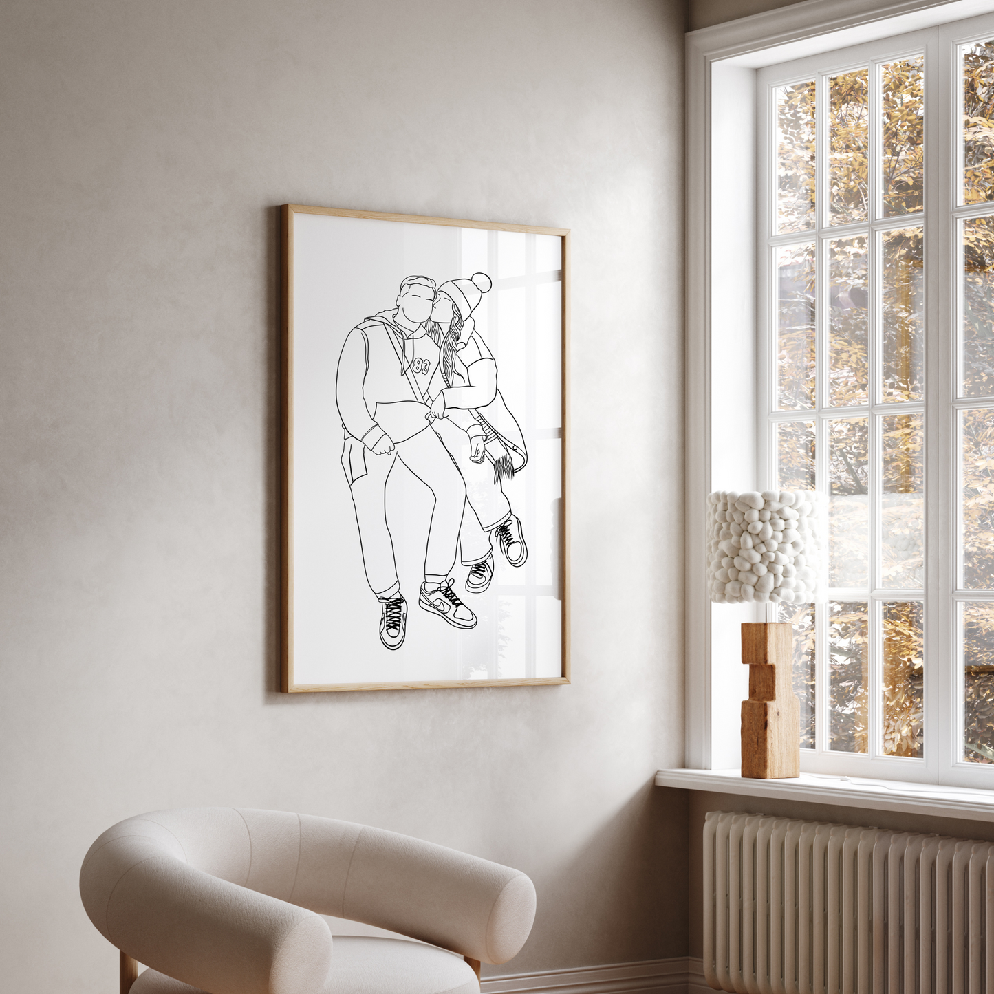 Personalized faceless couple and family portrait – minimalist illustrated wall art for anniversaries, weddings, and Christmas gifts.