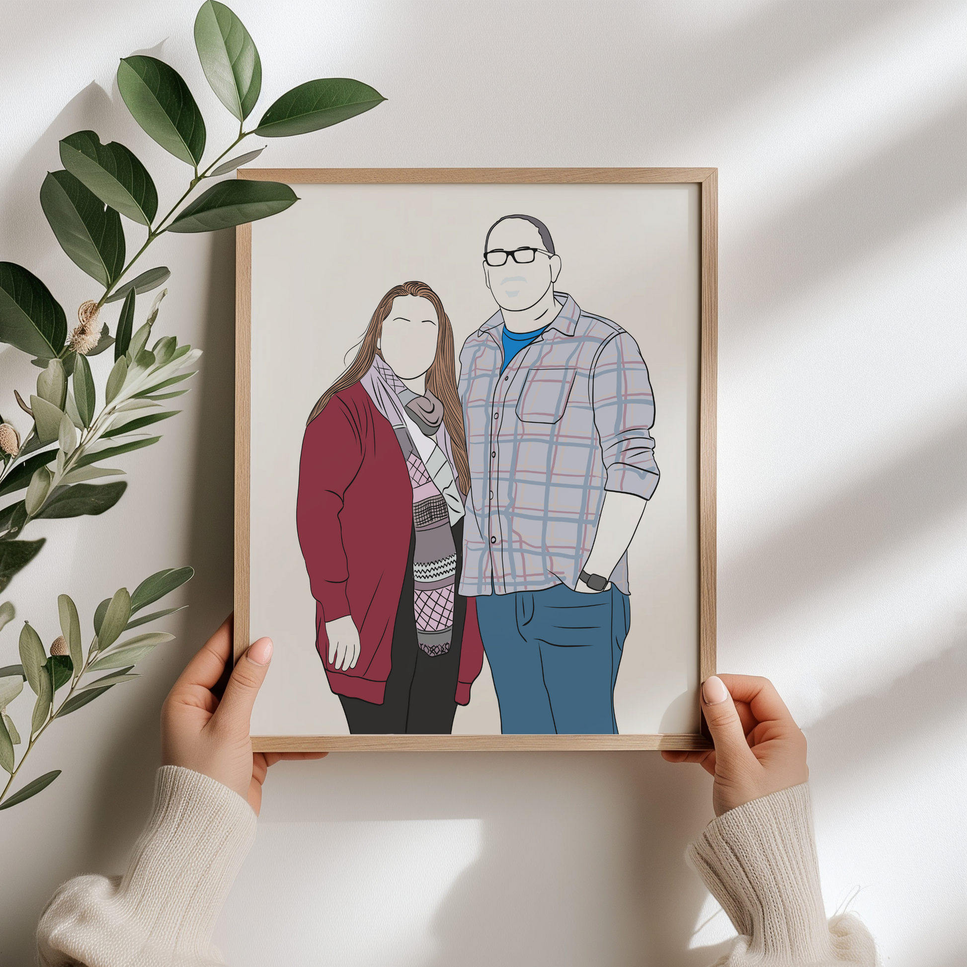 Custom minimalist family portrait illustration, digital wall art created from a photo, personalized Christmas gift for parents, couples, and kids.
