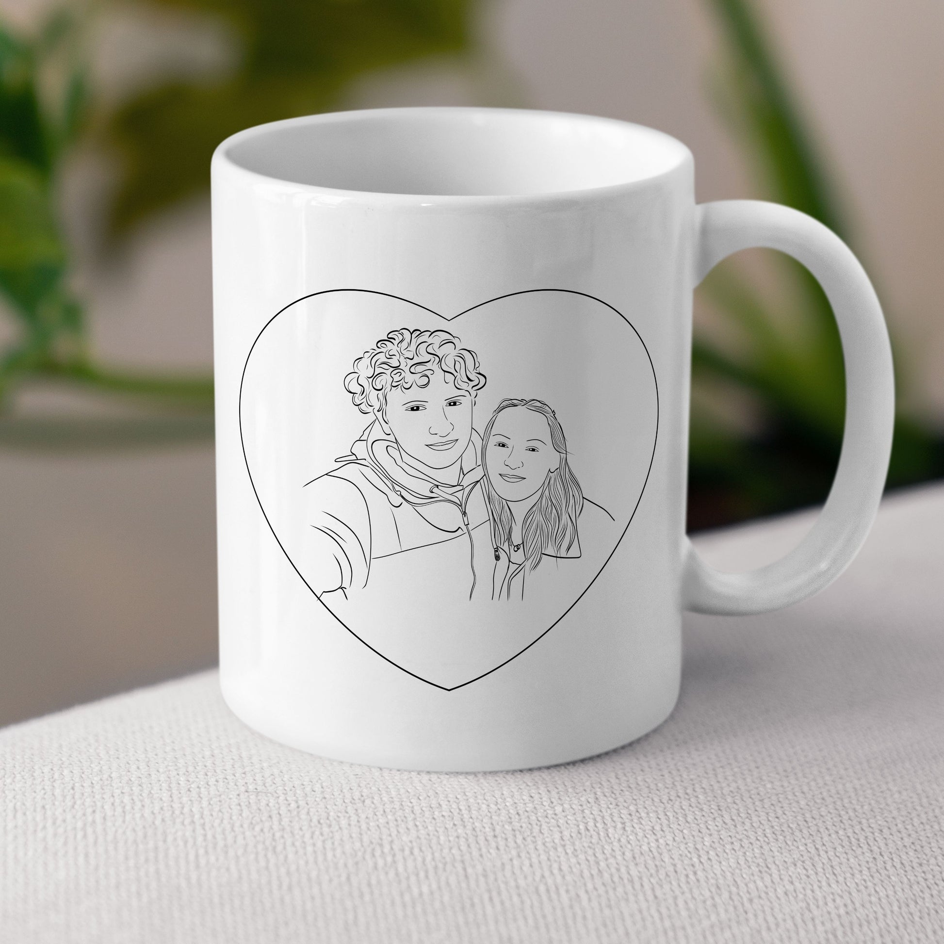 Custom family portrait mug in line art style, white ceramic cup for holiday gift.