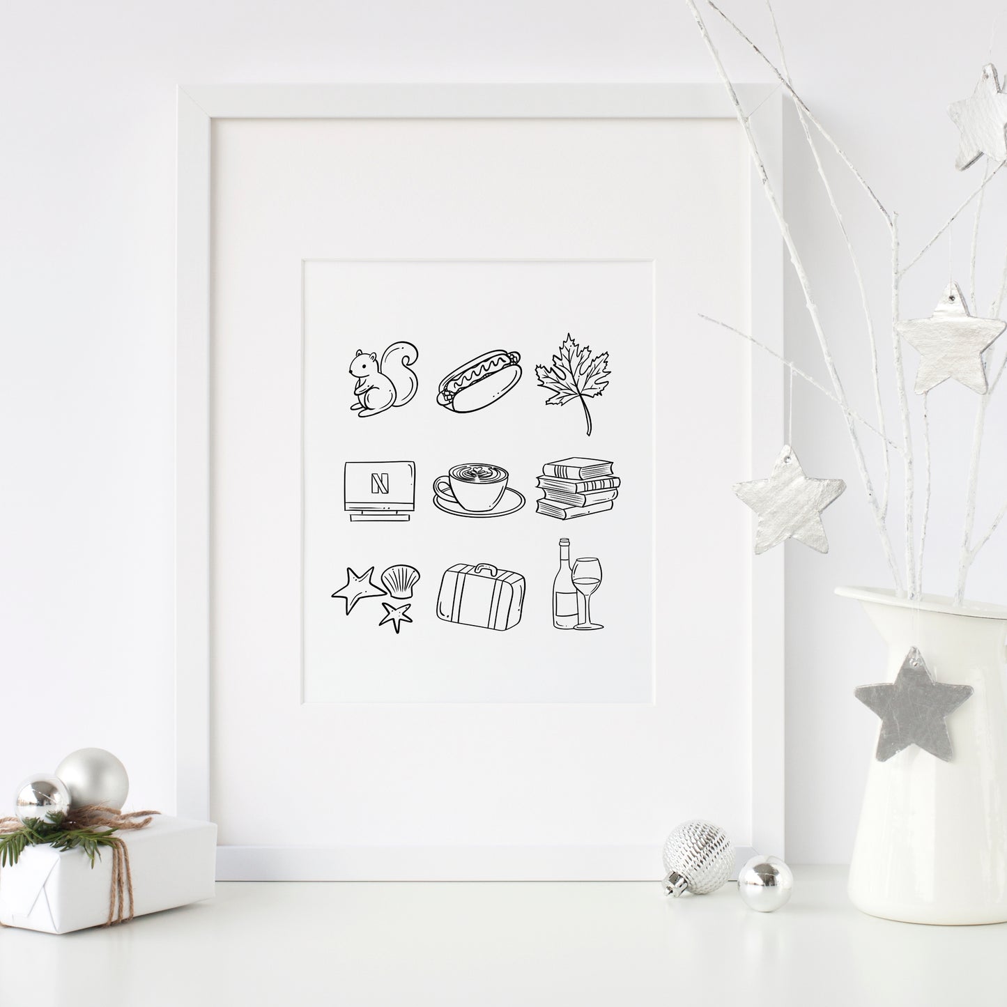My Favorite Things custom print - personalized hand-drawn line art illustration of 3, 6, or 9 favorite objects, available in black and white or with color accents