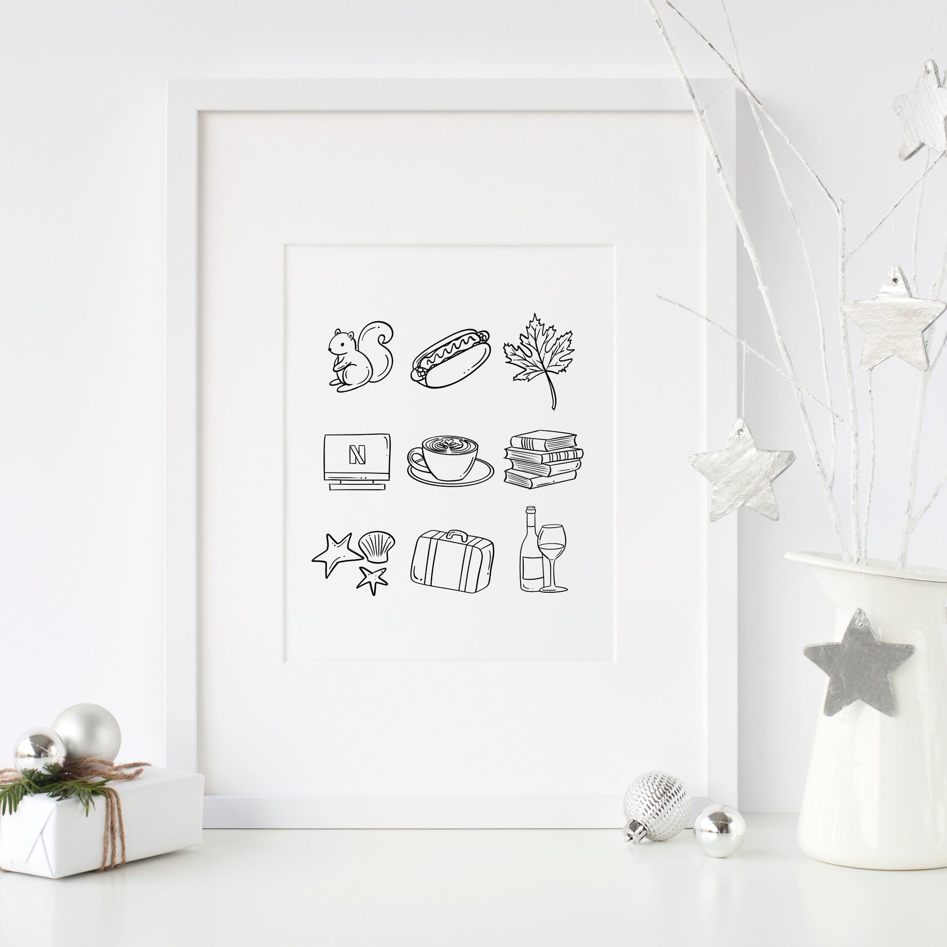 My Favorite Things custom print - personalized hand-drawn line art illustration of 3, 6, or 9 favorite objects, available in black and white or with color accents