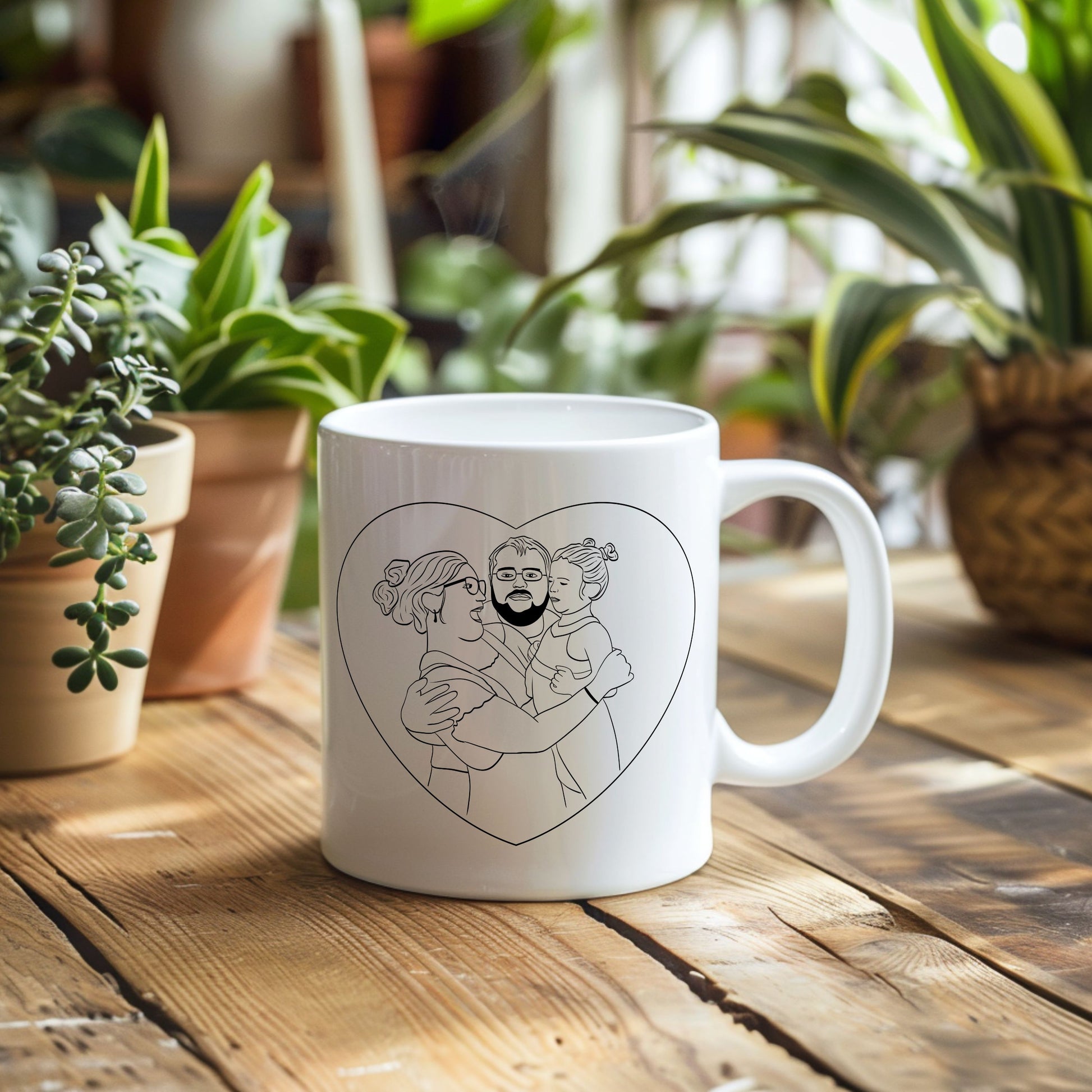 Custom family portrait mug in line art style, white ceramic cup for holiday gift.