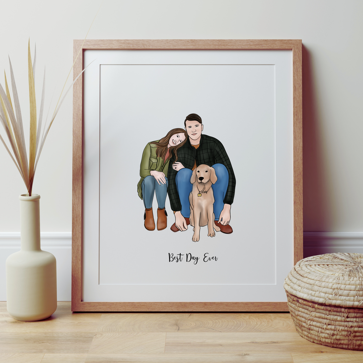 Custom full-color illustrated portrait transforming your photo into a timeless souvenir, a personalized art print for couples, families, or pet lovers. Perfect as a meaningful gift or home decor piece.