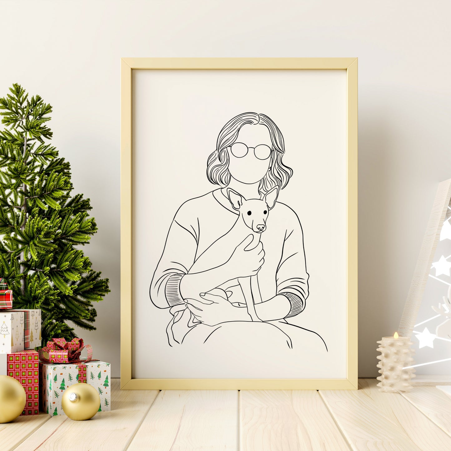 Custom minimalist dog portrait with family, personalized pet illustration Christmas gift for dog lovers