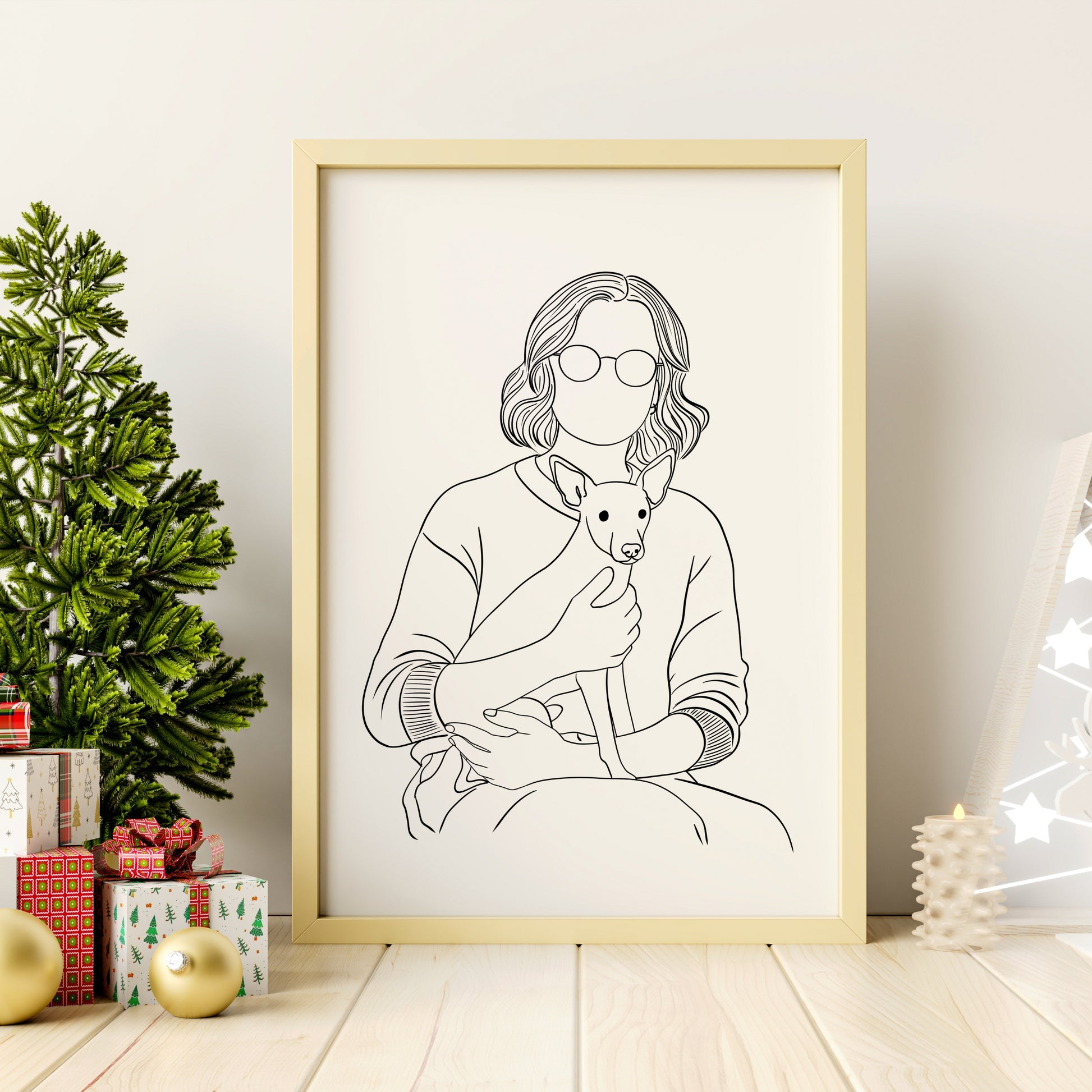 Custom minimalist dog portrait with family, personalized pet illustration Christmas gift for dog lovers