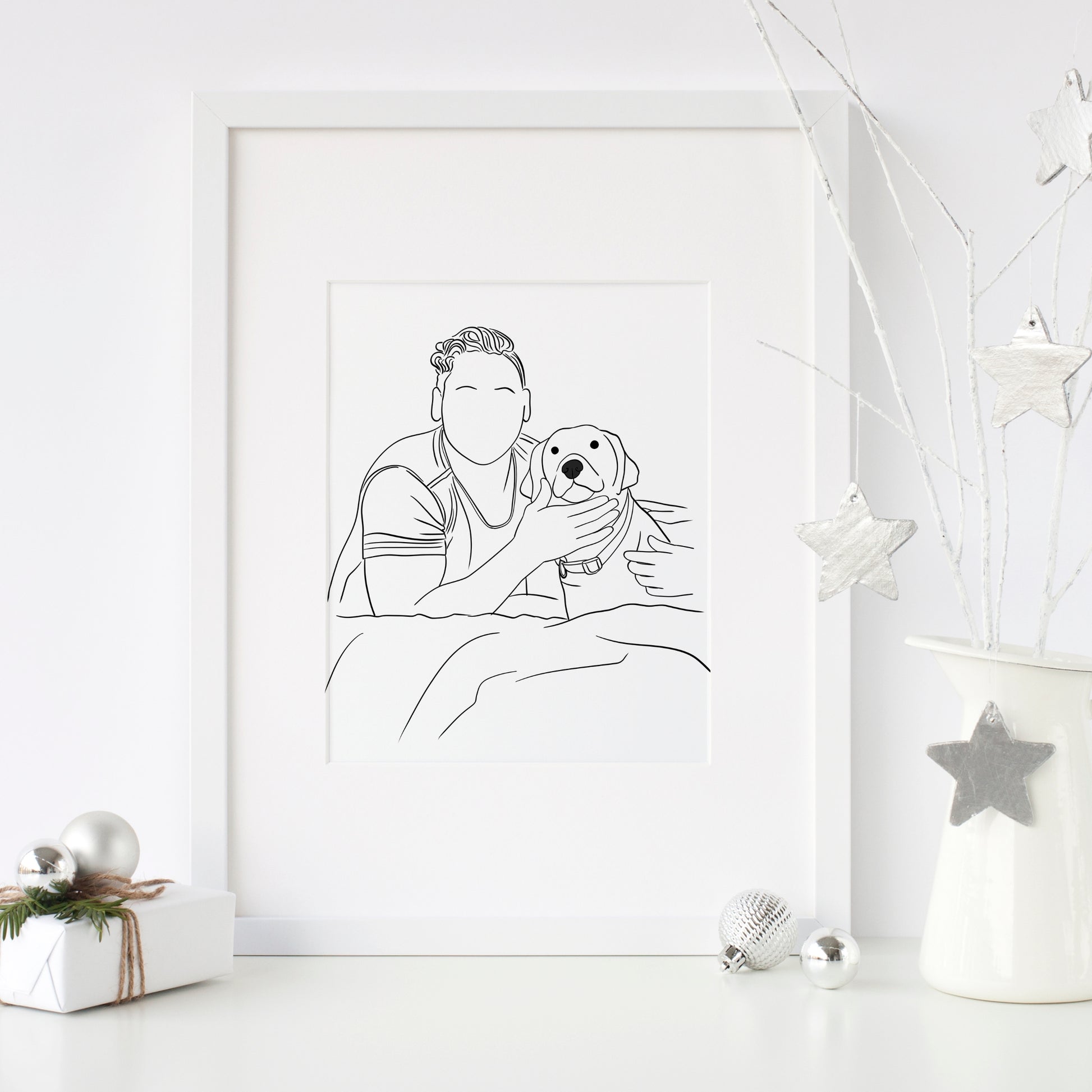 Custom minimalist dog portrait with family, personalized pet illustration Christmas gift for dog lovers