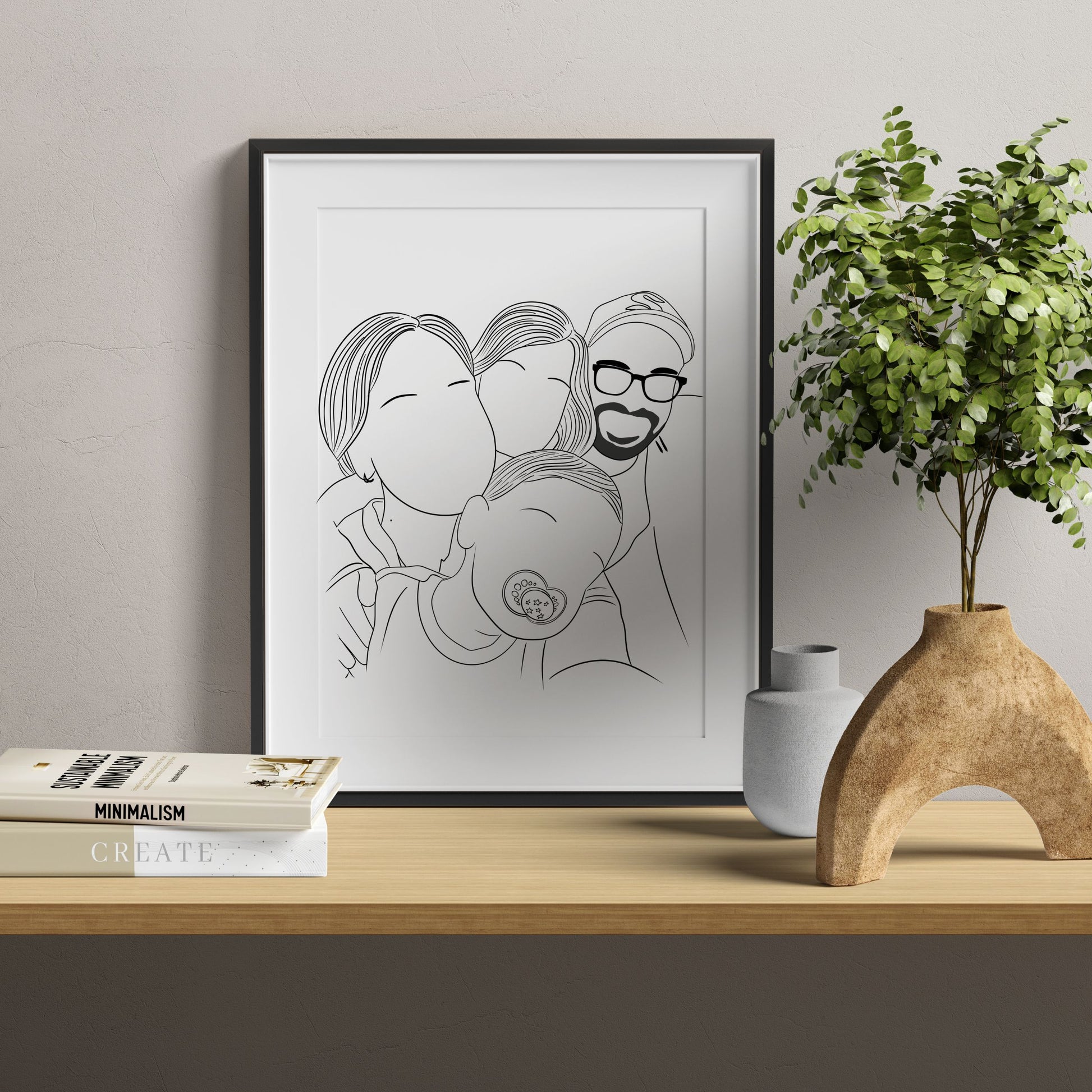 Personalized faceless couple and family portrait – minimalist illustrated wall art for anniversaries, weddings, and Christmas gifts.