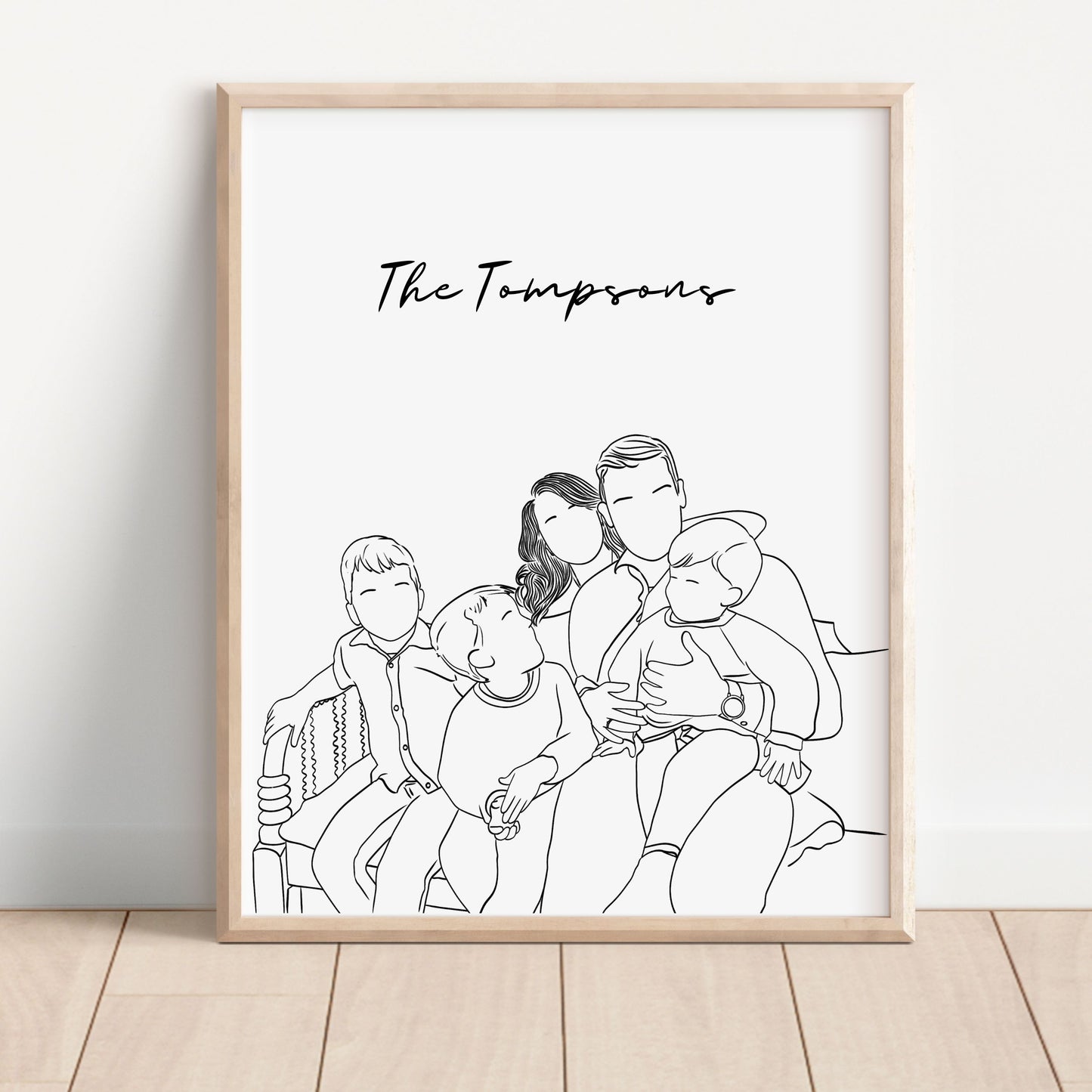 Personalized faceless couple and family portrait – minimalist illustrated wall art for anniversaries, weddings, and Christmas gifts.