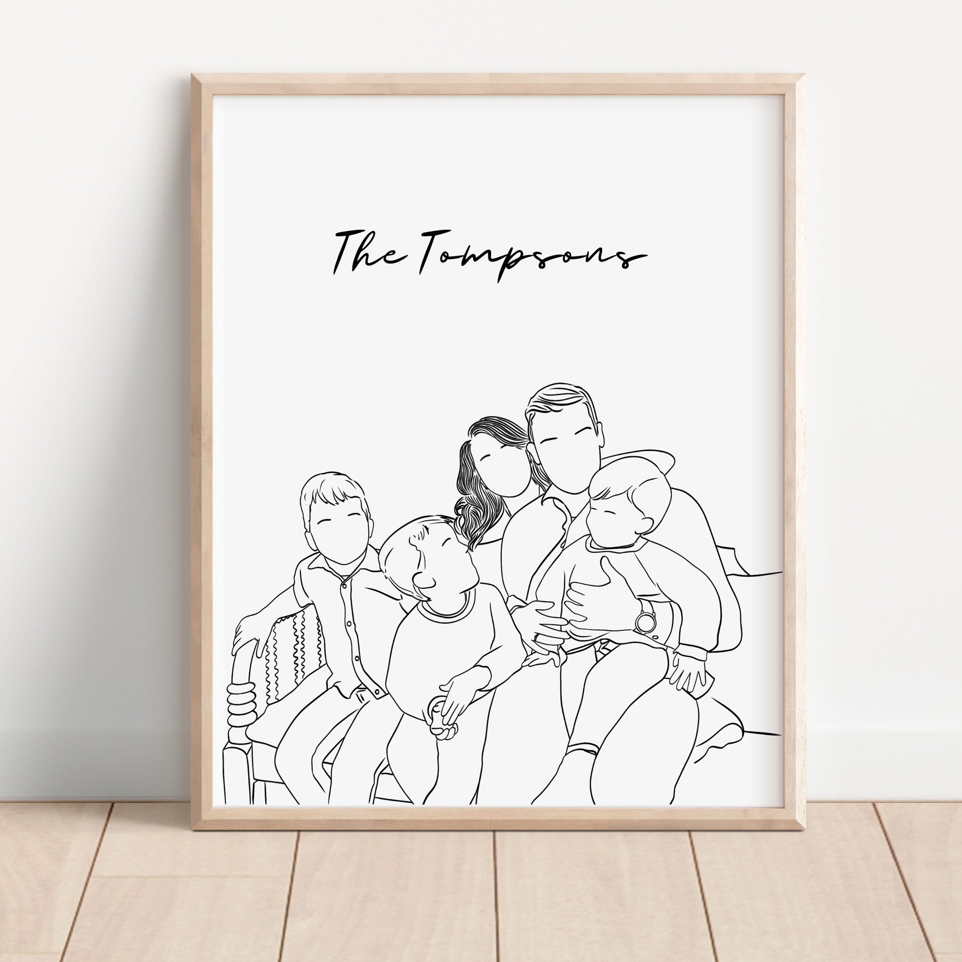 Personalized faceless couple and family portrait – minimalist illustrated wall art for anniversaries, weddings, and Christmas gifts.