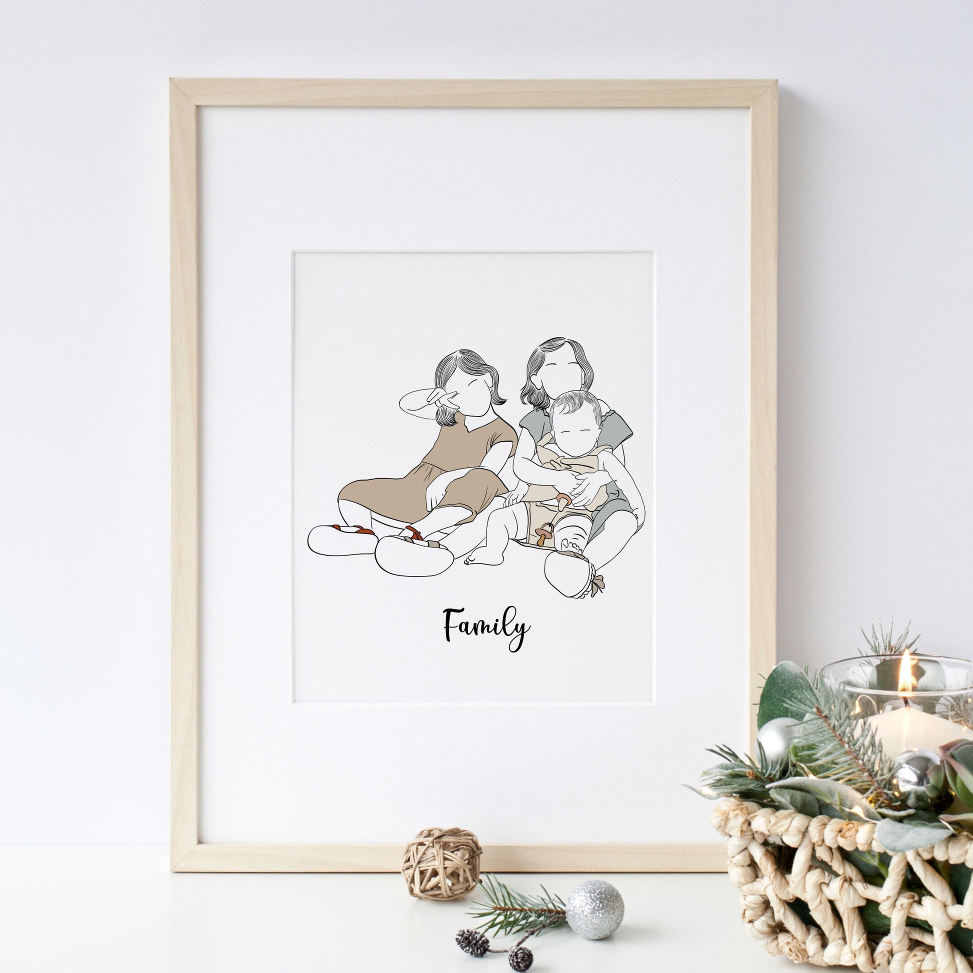 Custom minimalist family portrait illustration, digital wall art created from a photo, personalized Christmas gift for parents, couples, and kids.