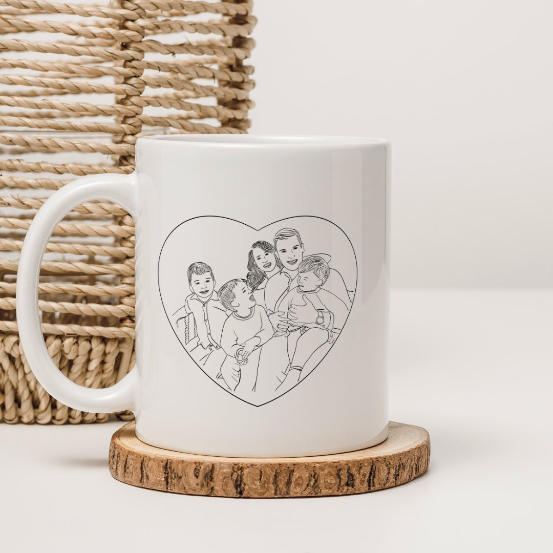 Custom family portrait mug in line art style, white ceramic cup for holiday gift