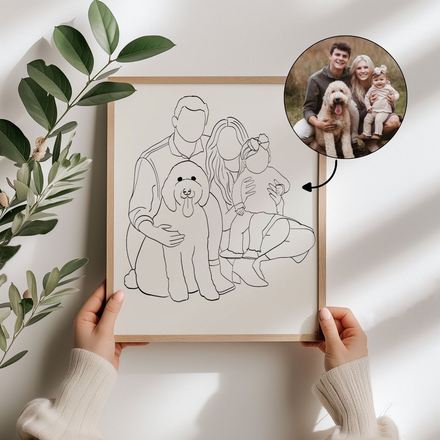 Personalized faceless couple and family portrait – minimalist illustrated wall art for anniversaries, weddings, and Christmas gifts.
