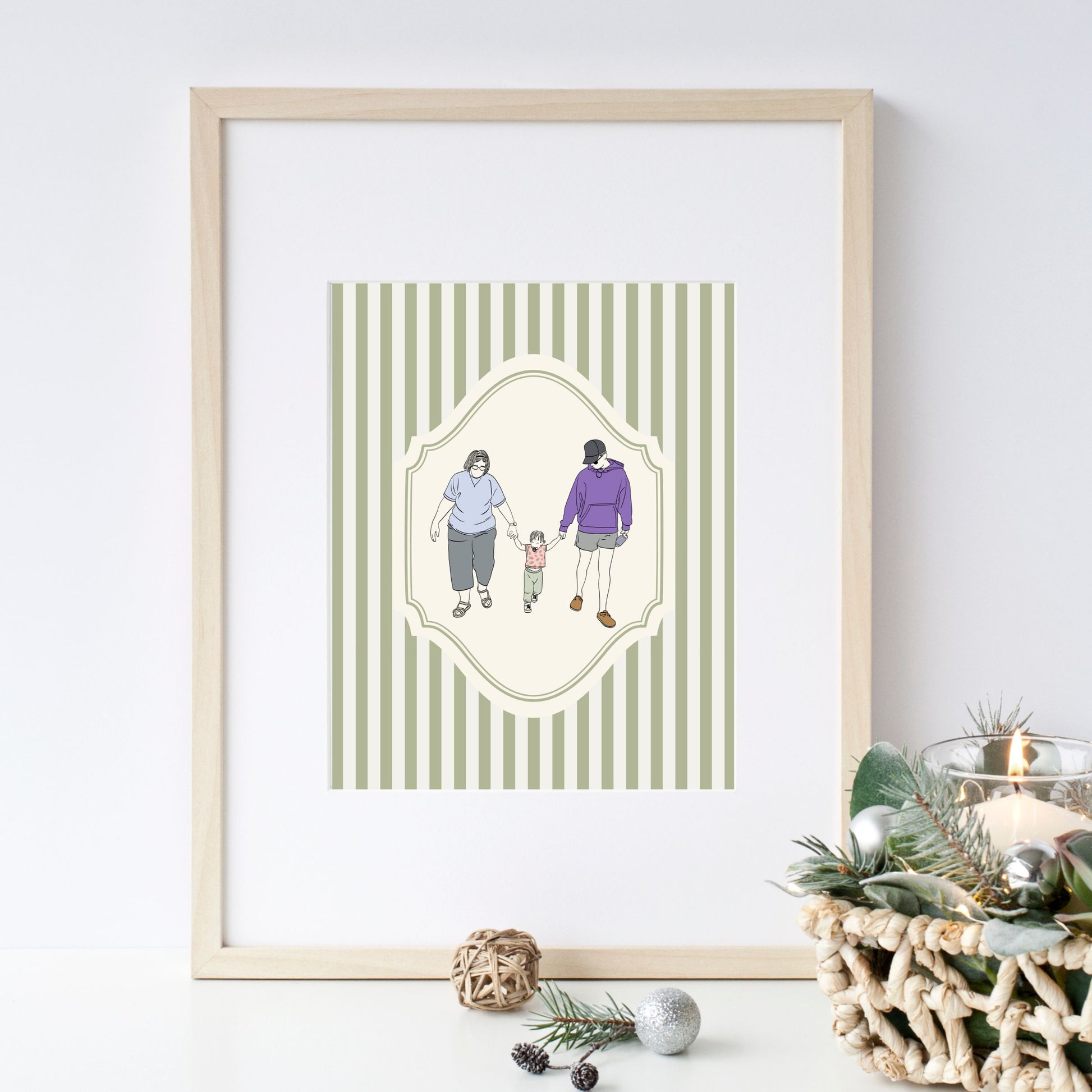 Personalized Christmas portrait art for families, minimalist holiday wall decor.