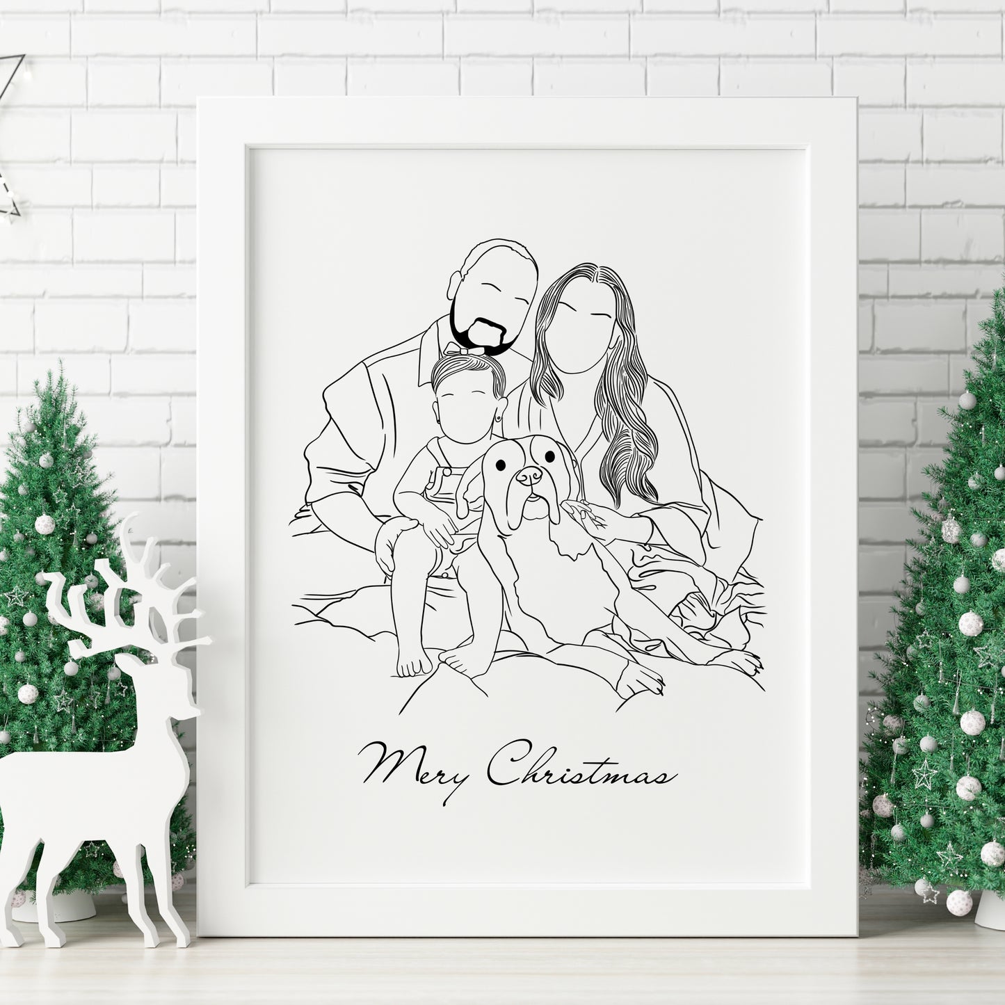 Custom minimalist dog portrait with family, personalized pet illustration Christmas gift for dog lovers