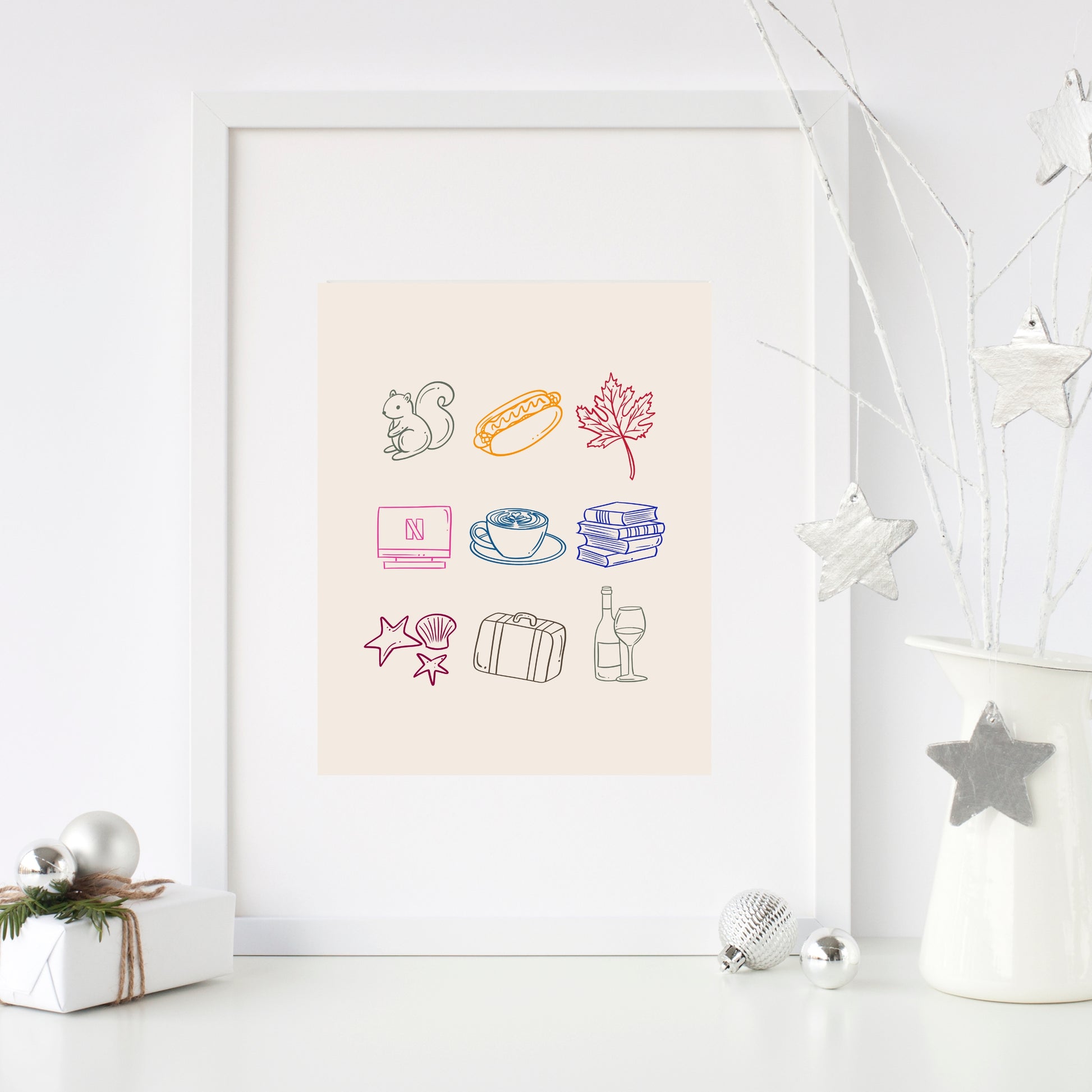 My Favorite Things custom print - personalized hand-drawn line art illustration of 3, 6, or 9 favorite objects, available in black and white or with color accents