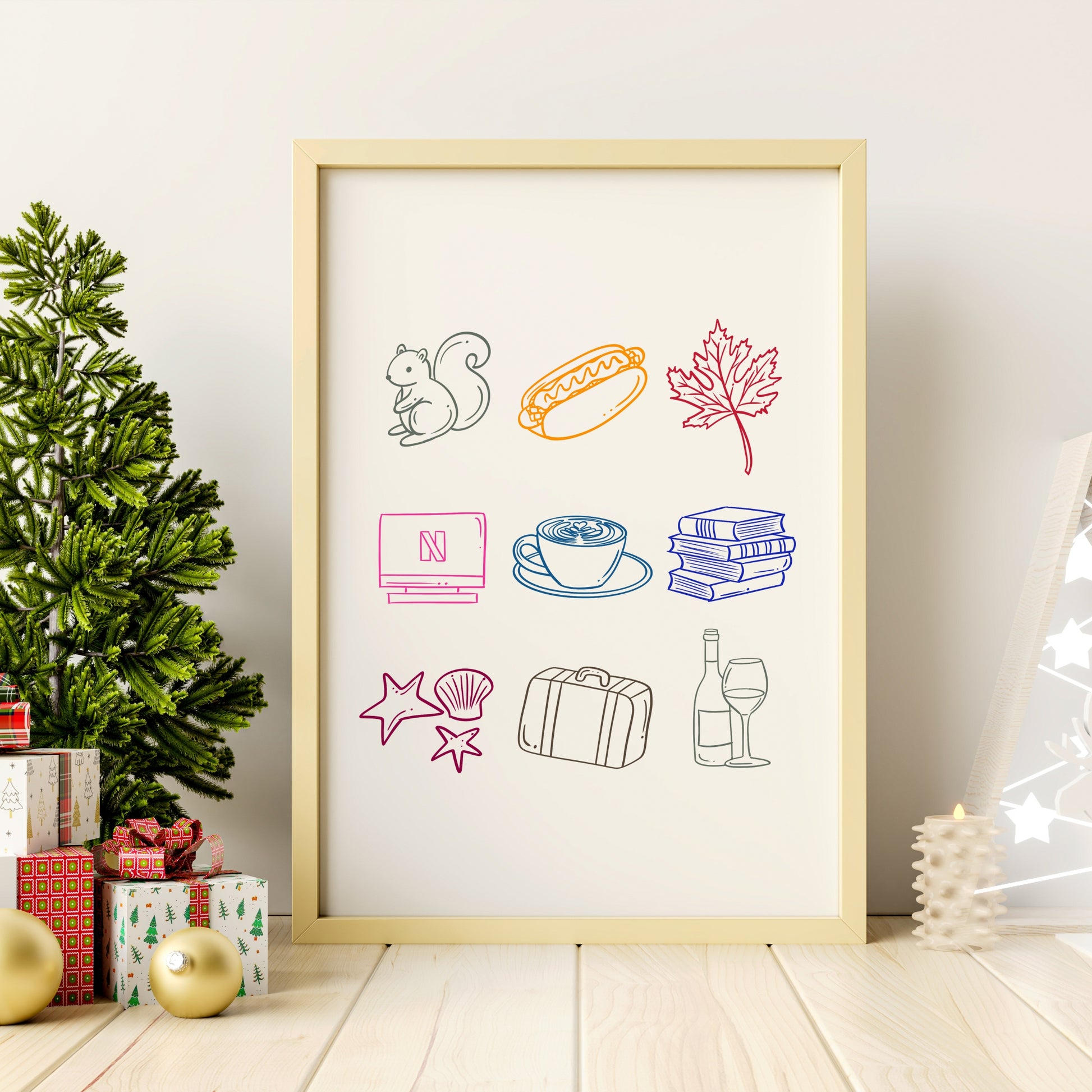 My Favorite Things custom print - personalized hand-drawn line art illustration of 3, 6, or 9 favorite objects, available in black and white or with color accents