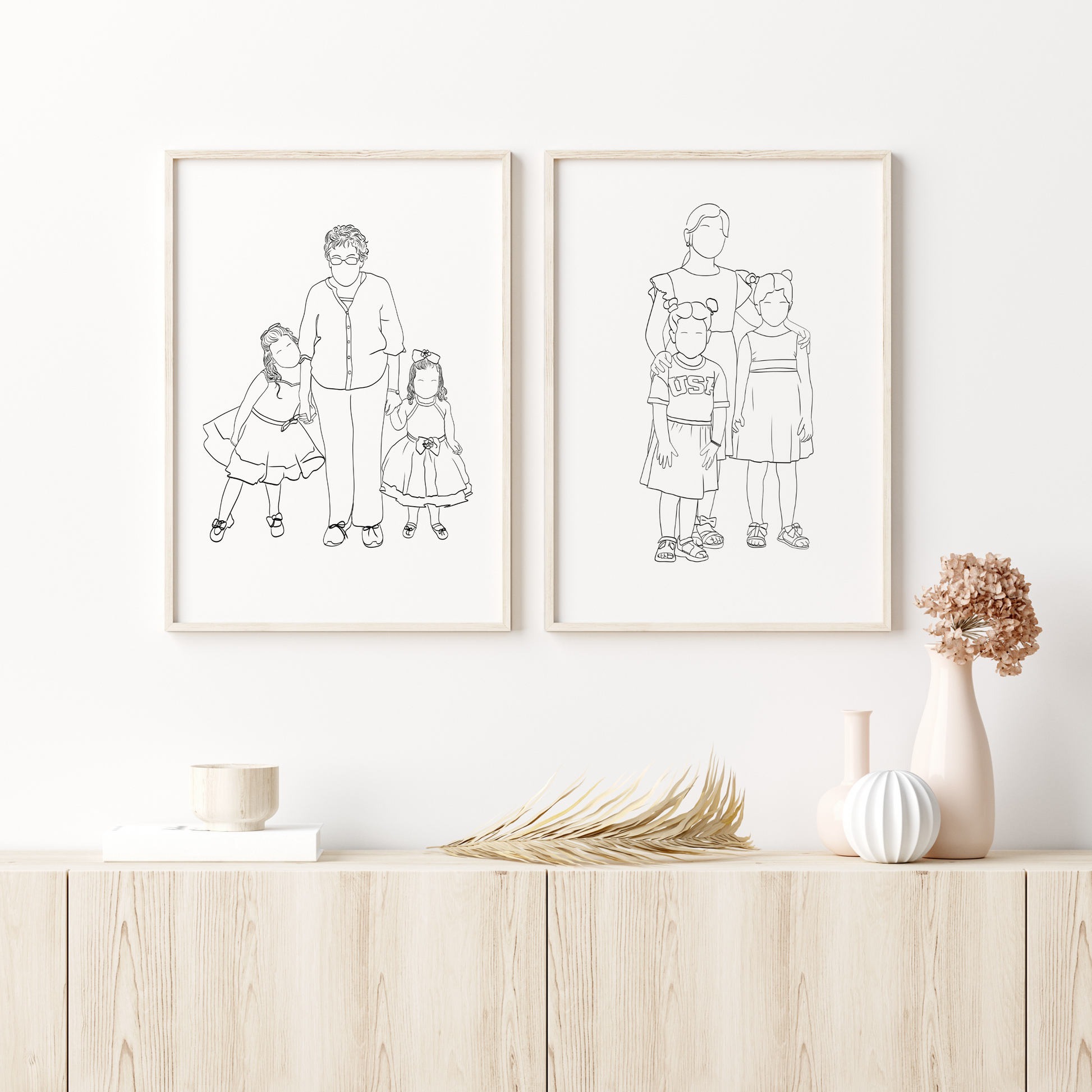 Personalized faceless couple and family portrait – minimalist illustrated wall art for anniversaries, weddings, and Christmas gifts.