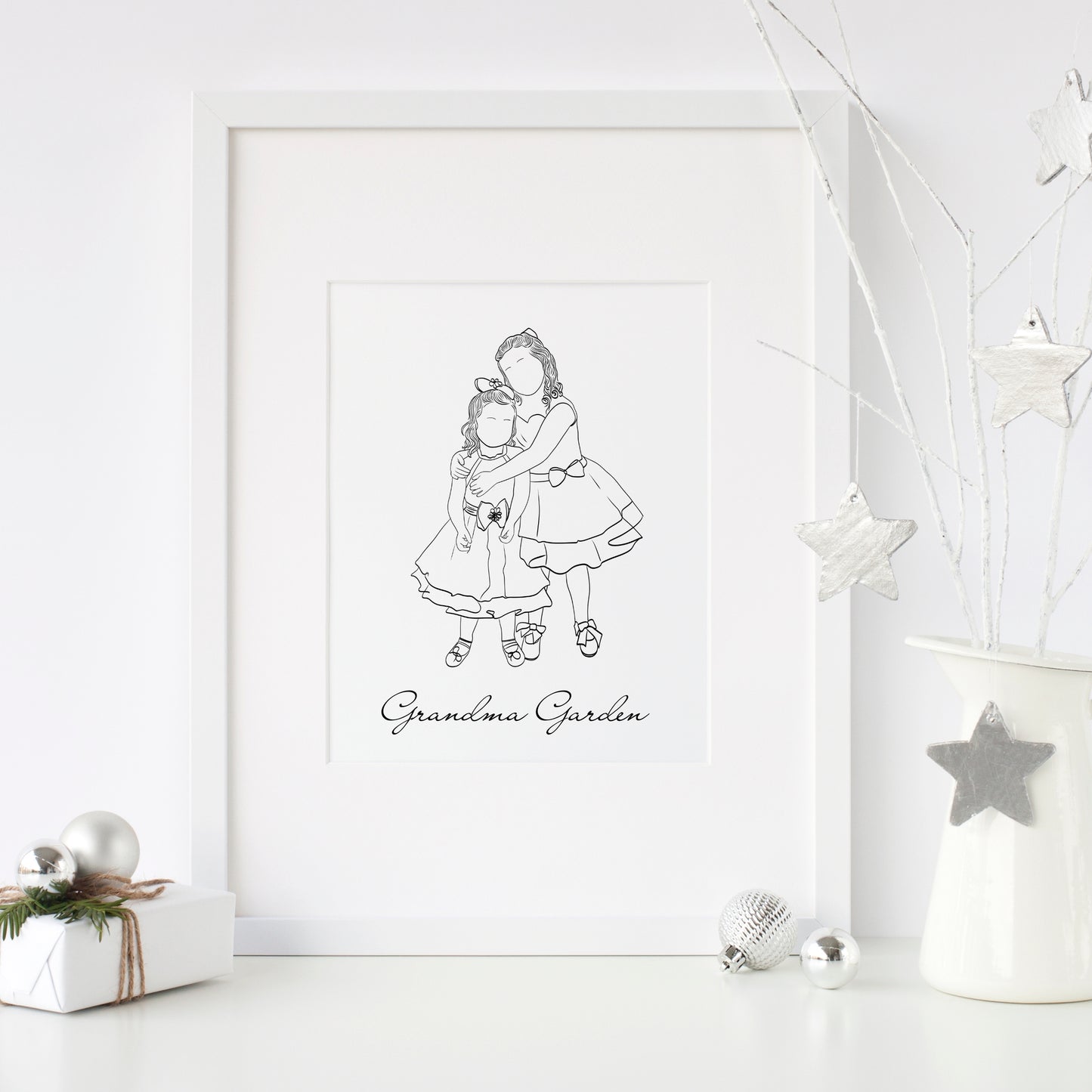 Custom digital family portrait from photo – faceless line art of grandchildren, perfect Christmas or birthday gift for grandparents. Minimalist illustration of grandkids in line art style, personalized digital portrait for grandma or grandpa.