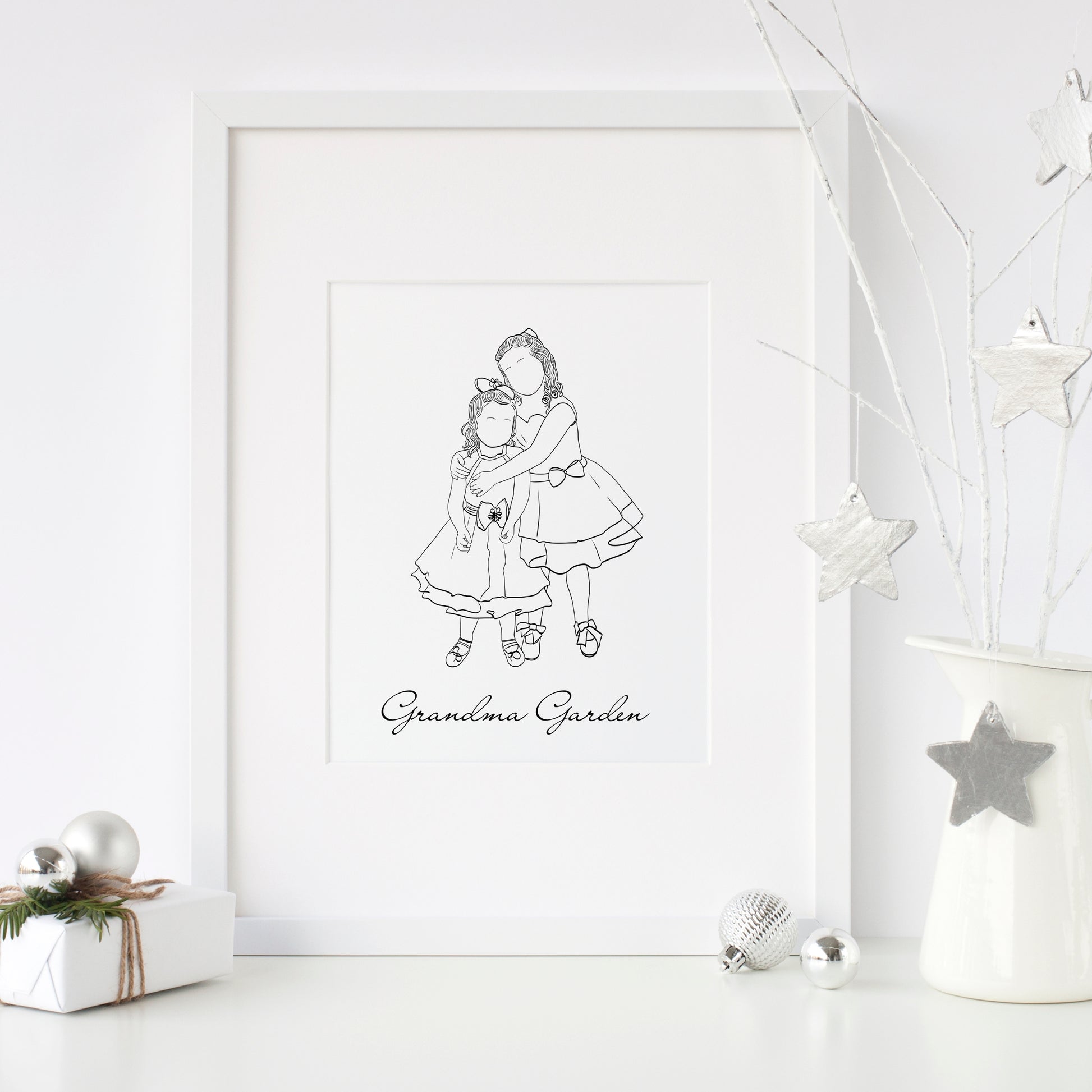 Custom digital family portrait from photo – faceless line art of grandchildren, perfect Christmas or birthday gift for grandparents. Minimalist illustration of grandkids in line art style, personalized digital portrait for grandma or grandpa.