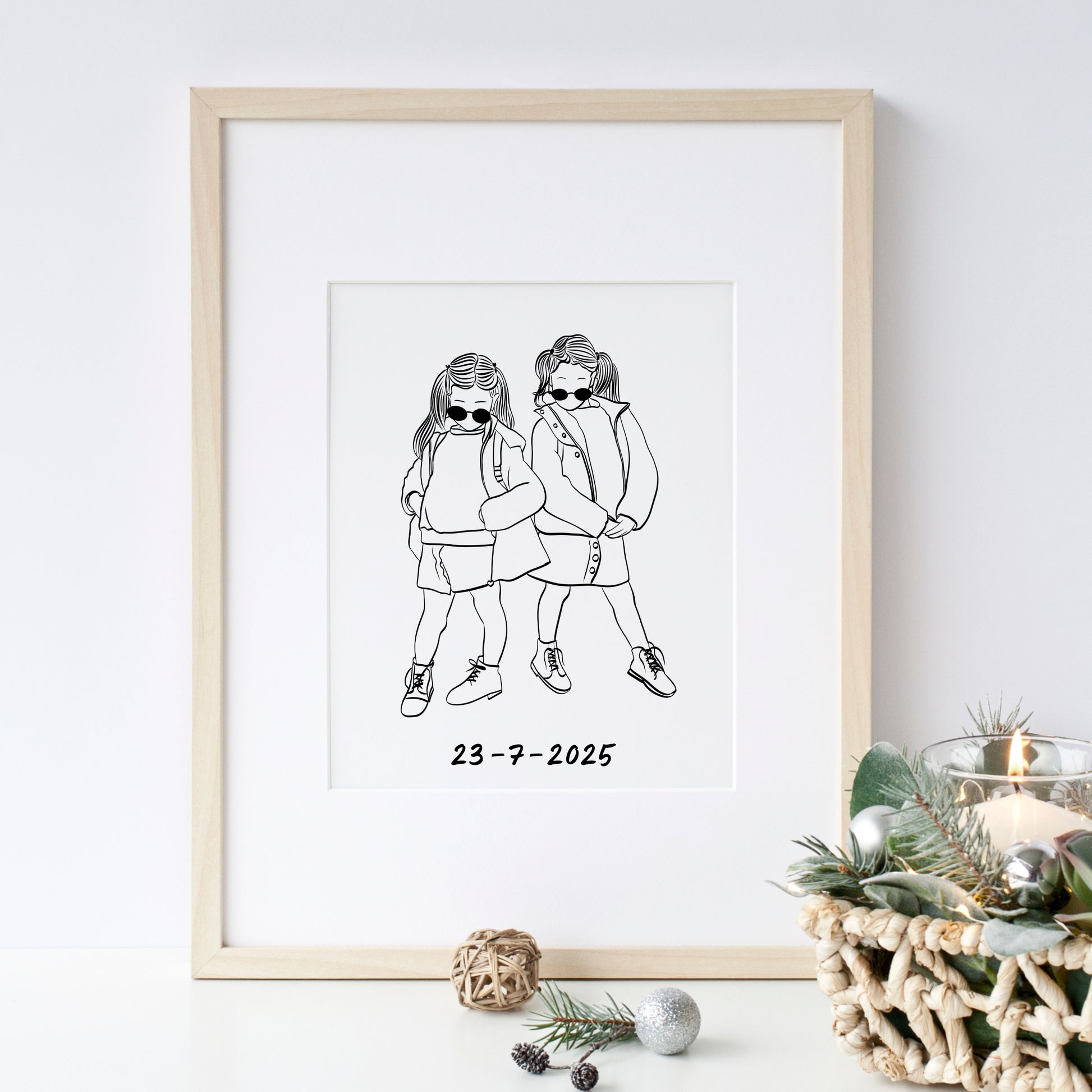 Custom digital family portrait from photo – faceless line art of grandchildren, perfect Christmas or birthday gift for grandparents. Minimalist illustration of grandkids in line art style, personalized digital portrait for grandma or grandpa.