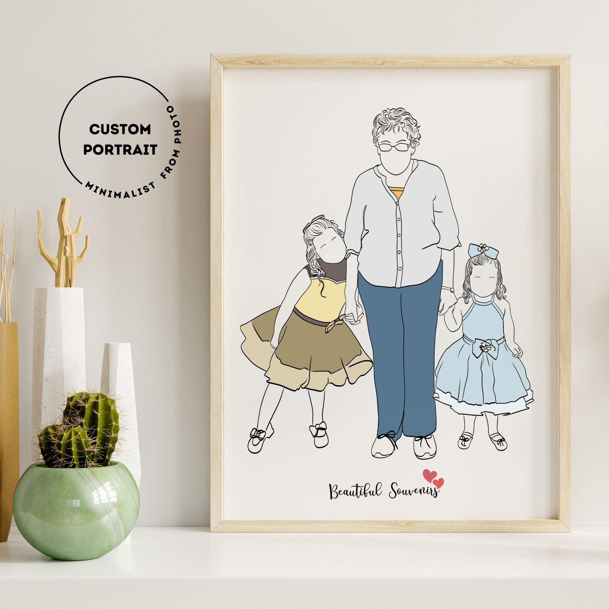 Custom minimalist family portrait illustration, digital wall art created from a photo, personalized Christmas gift for parents, couples, and kids.