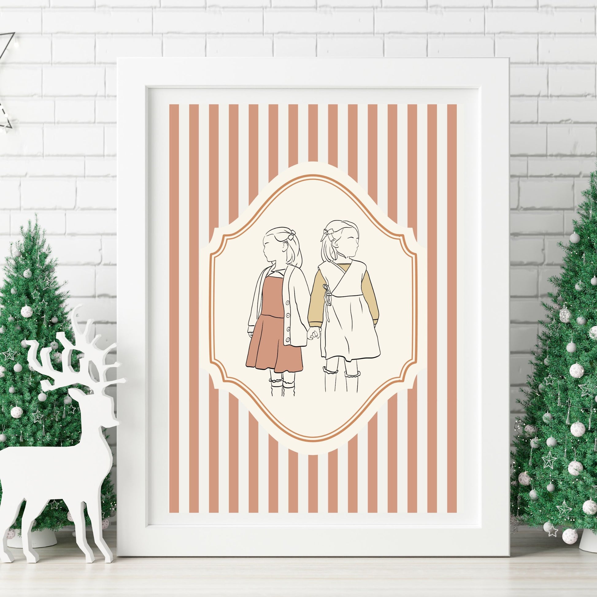 Minimalist family Christmas portrait, personalized illustrated gift for parents and kids.