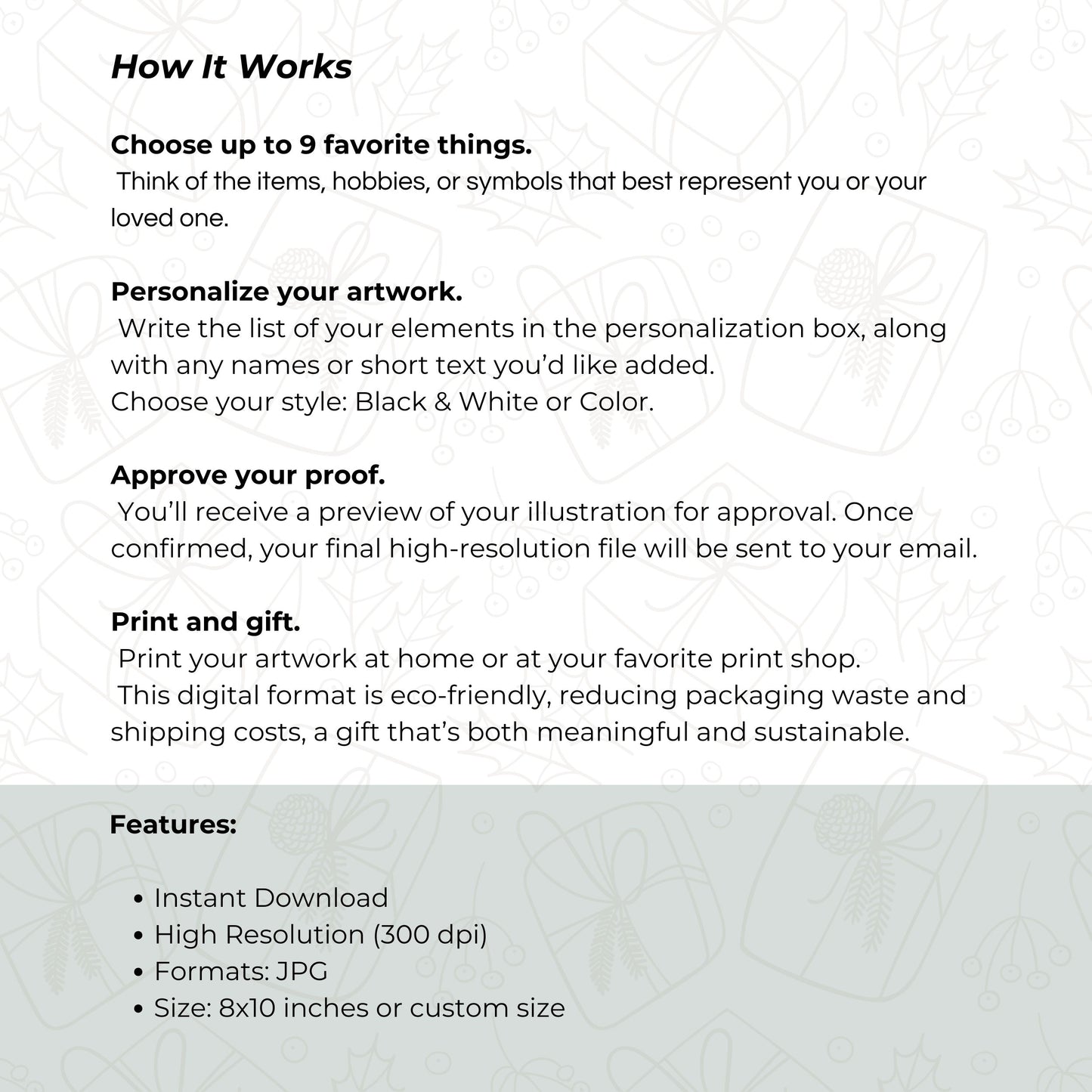 My Favorite Things custom print - personalized hand-drawn line art illustration of 3, 6, or 9 favorite objects, available in black and white or with color accents