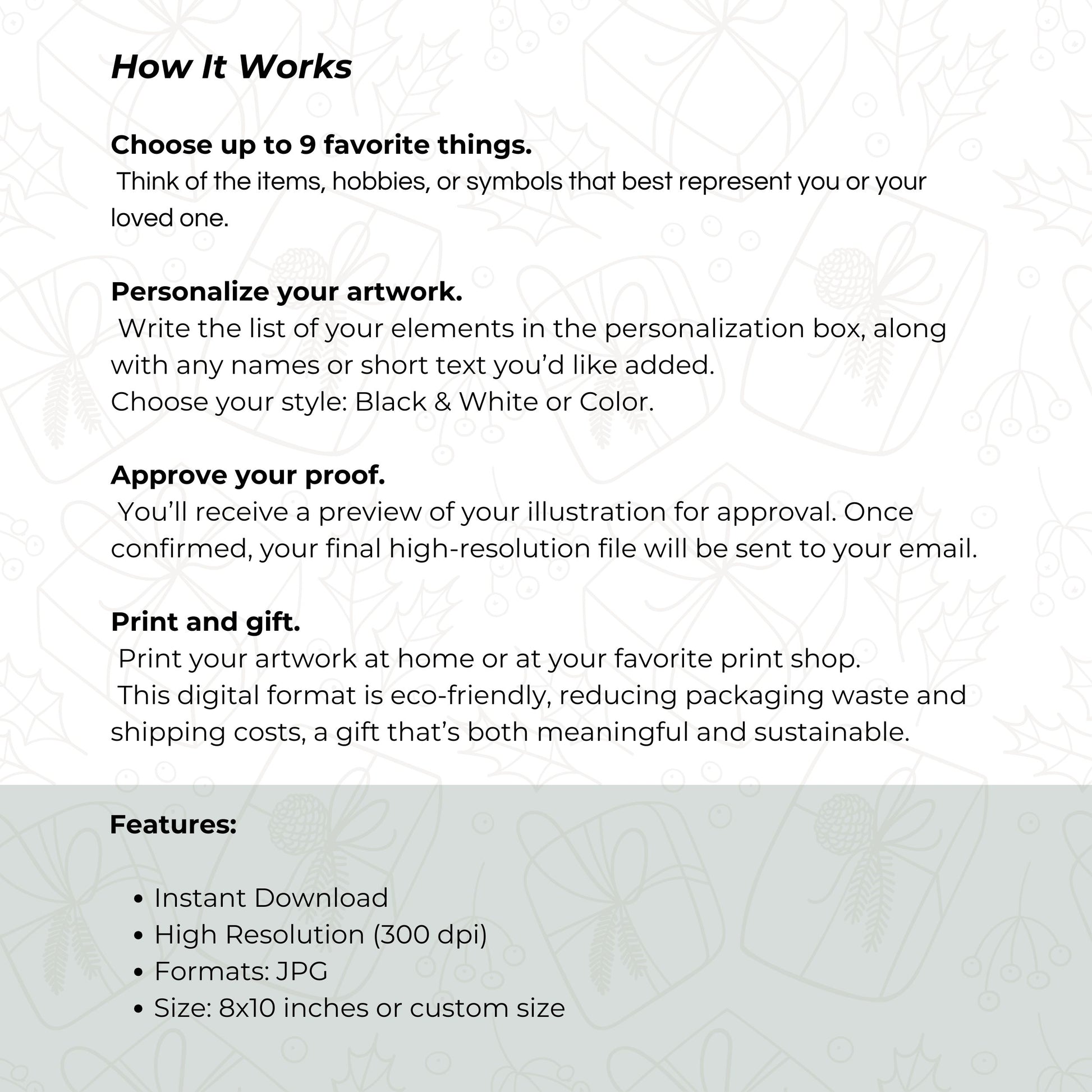 My Favorite Things custom print - personalized hand-drawn line art illustration of 3, 6, or 9 favorite objects, available in black and white or with color accents