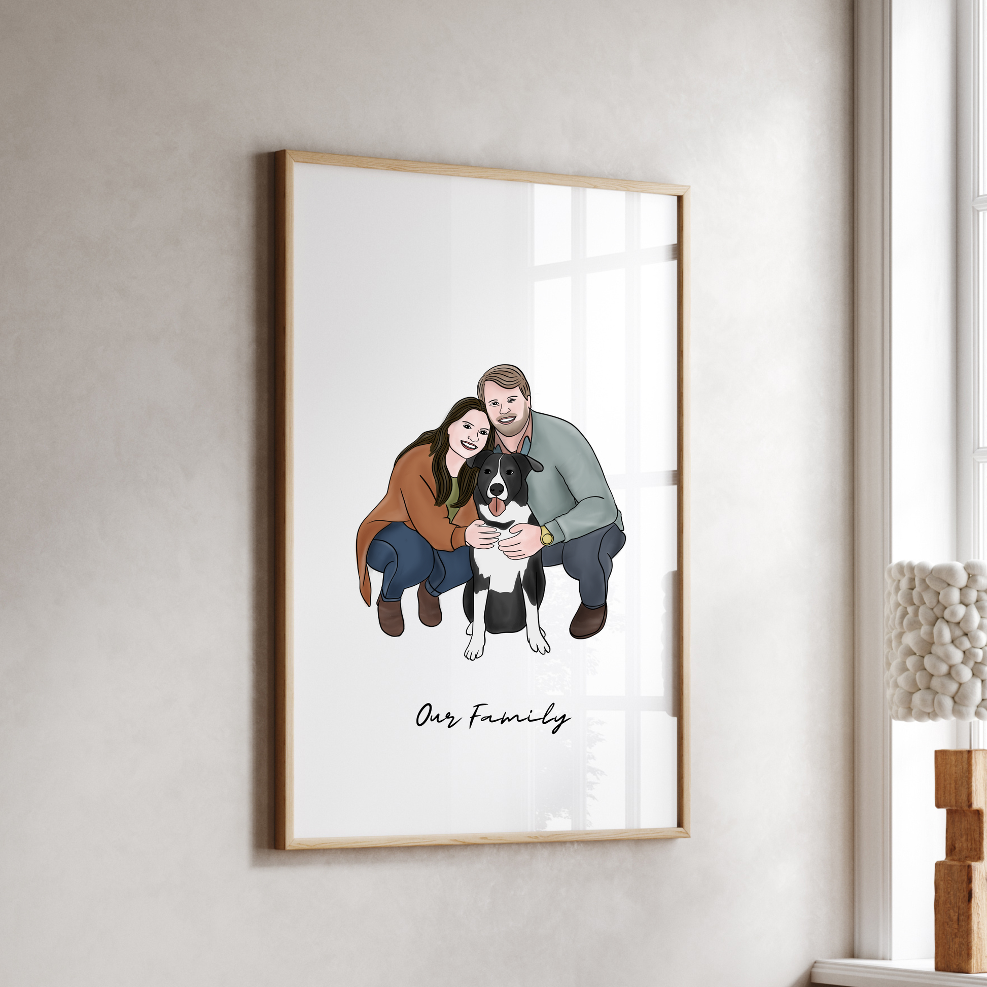 Custom full-color illustrated portrait transforming your photo into a timeless souvenir, a personalized art print for couples, families, or pet lovers. Perfect as a meaningful gift or home decor piece.